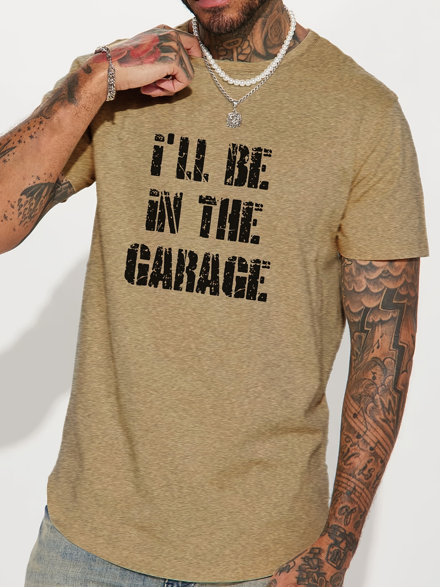 vintage ill be in the garage letter graphic print mens creative top casual short sleeve crew neck t shirt mens clothing for summer outdoor details 0