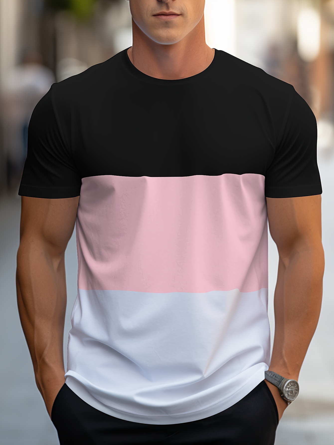 mens contrast color stripe pattern print t shirt with crew neck and short sleeve casual and comfy for summer leisurewear details 11