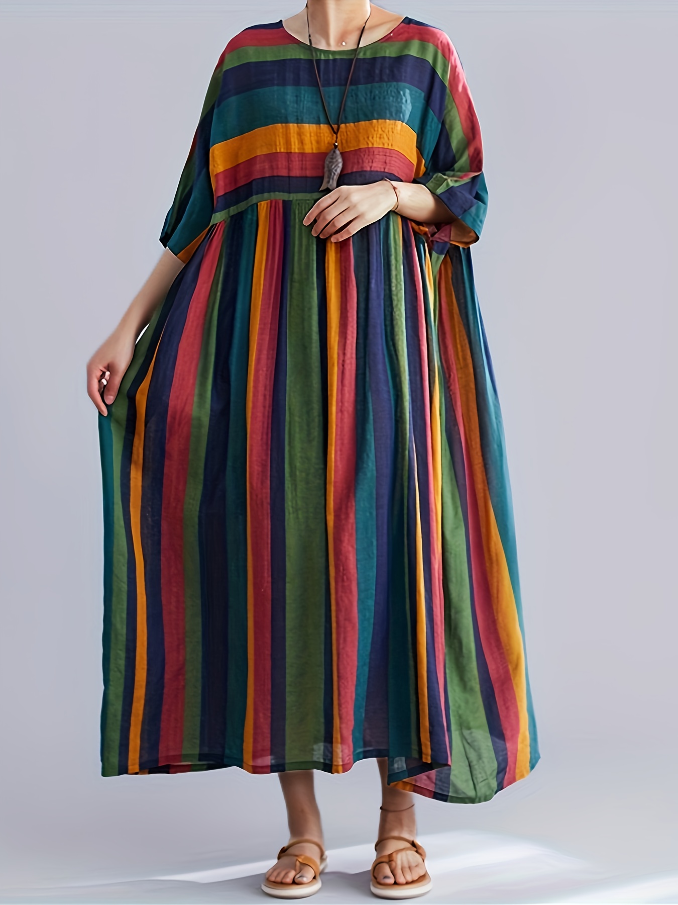 plus size colorblock stripe print loose dress casual 3 4 sleeve dress for spring summer womens plus size clothing details 1