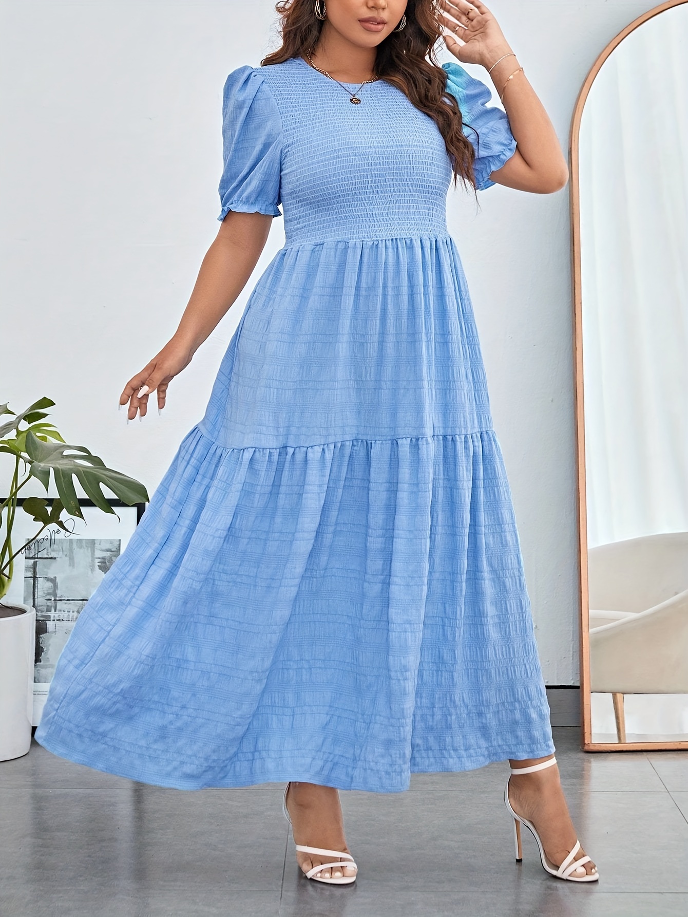 womens casual dress plus size solid crinkle puff sleeve round neck maxi smock dress details 0