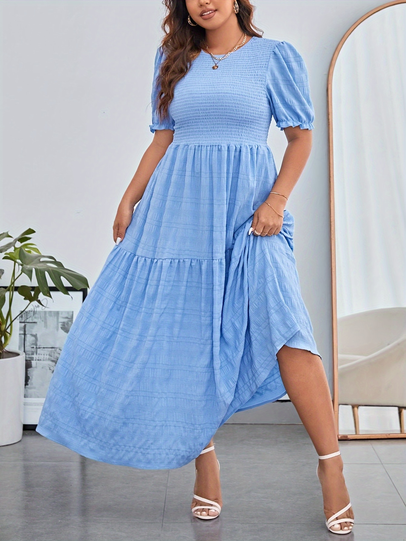 womens casual dress plus size solid crinkle puff sleeve round neck maxi smock dress details 1