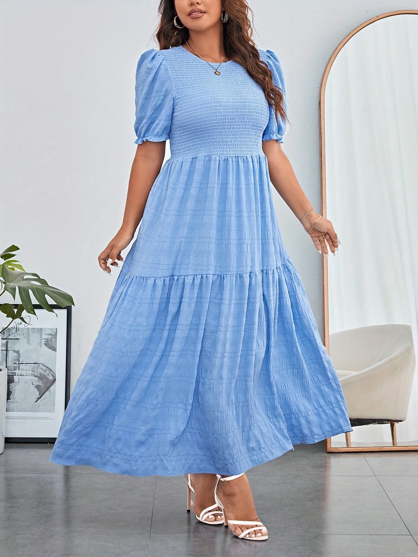 womens casual dress plus size solid crinkle puff sleeve round neck maxi smock dress details 2