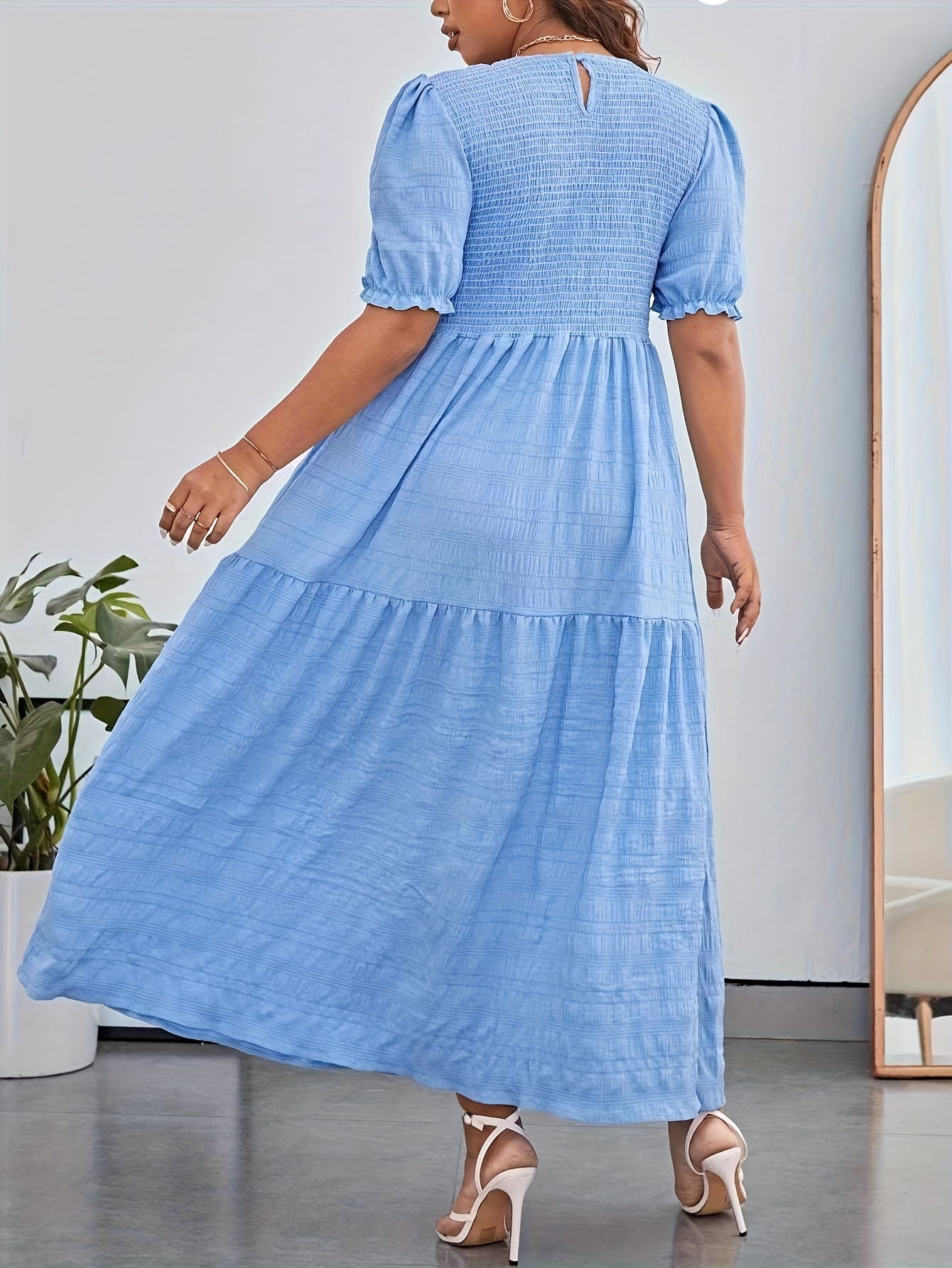 womens casual dress plus size solid crinkle puff sleeve round neck maxi smock dress details 3