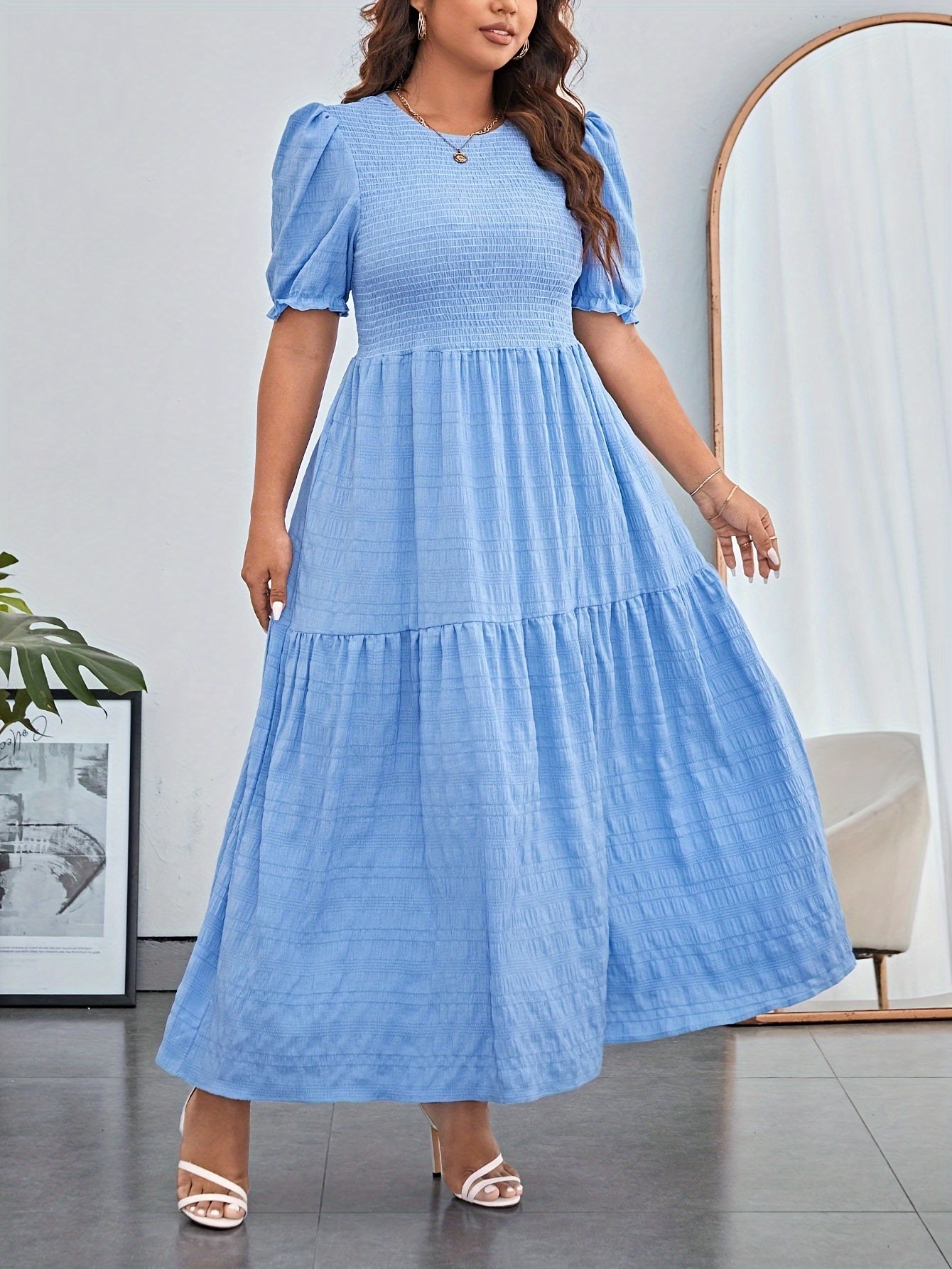 womens casual dress plus size solid crinkle puff sleeve round neck maxi smock dress details 5