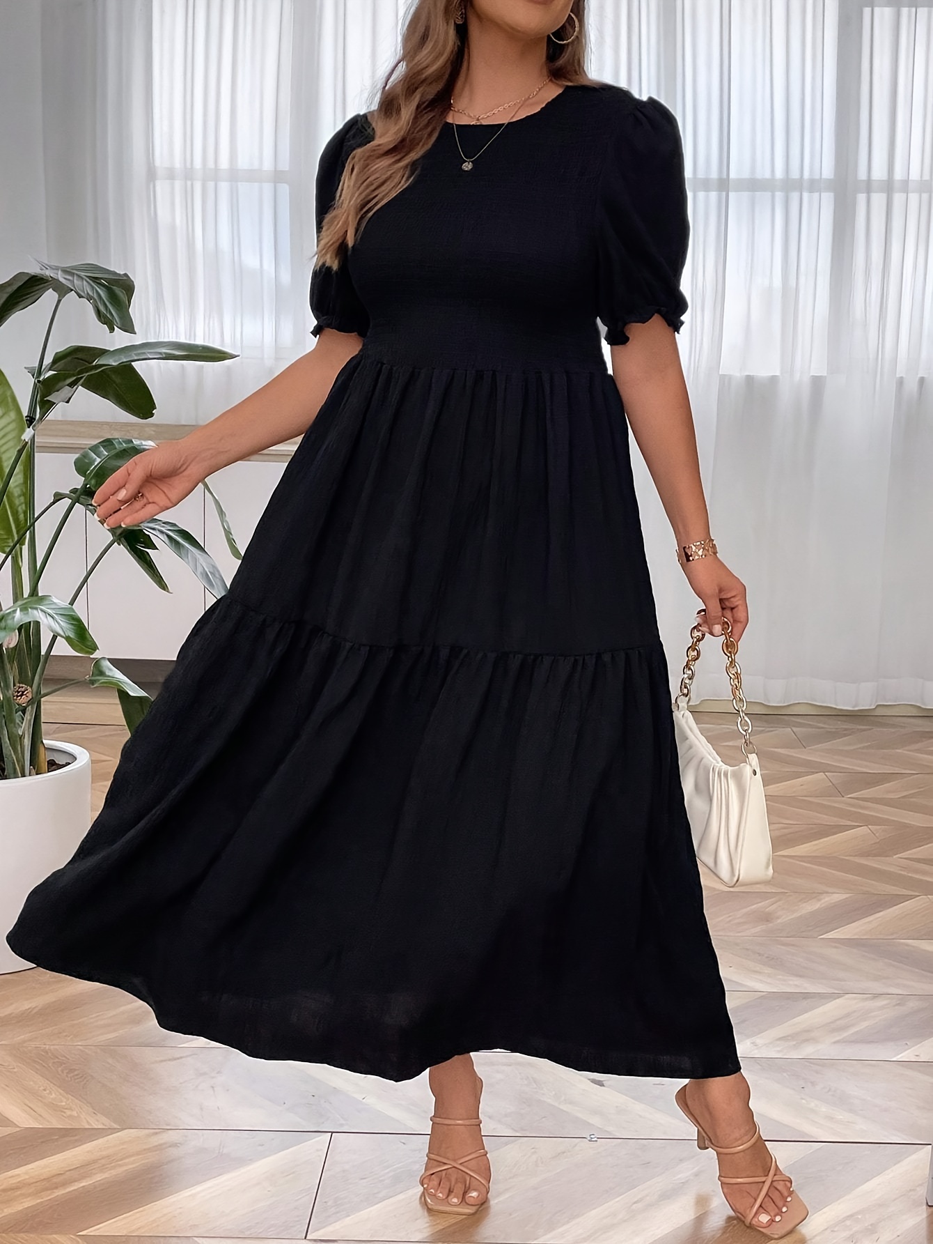 womens casual dress plus size solid crinkle puff sleeve round neck maxi smock dress details 6