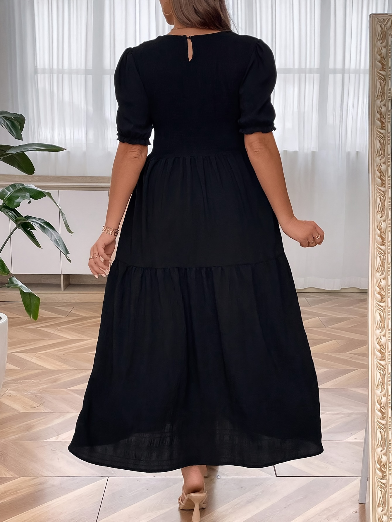 womens casual dress plus size solid crinkle puff sleeve round neck maxi smock dress details 7