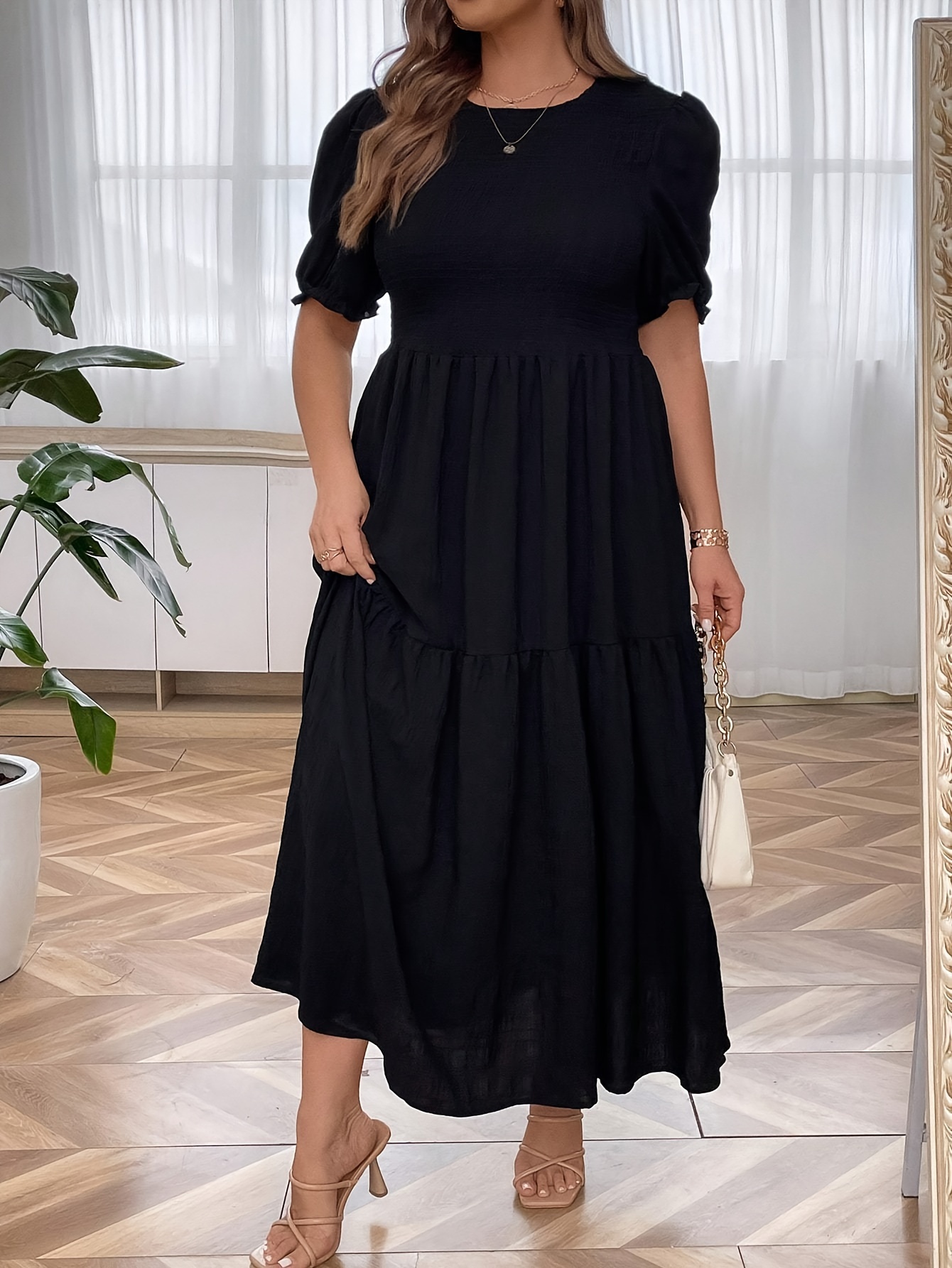 womens casual dress plus size solid crinkle puff sleeve round neck maxi smock dress details 8