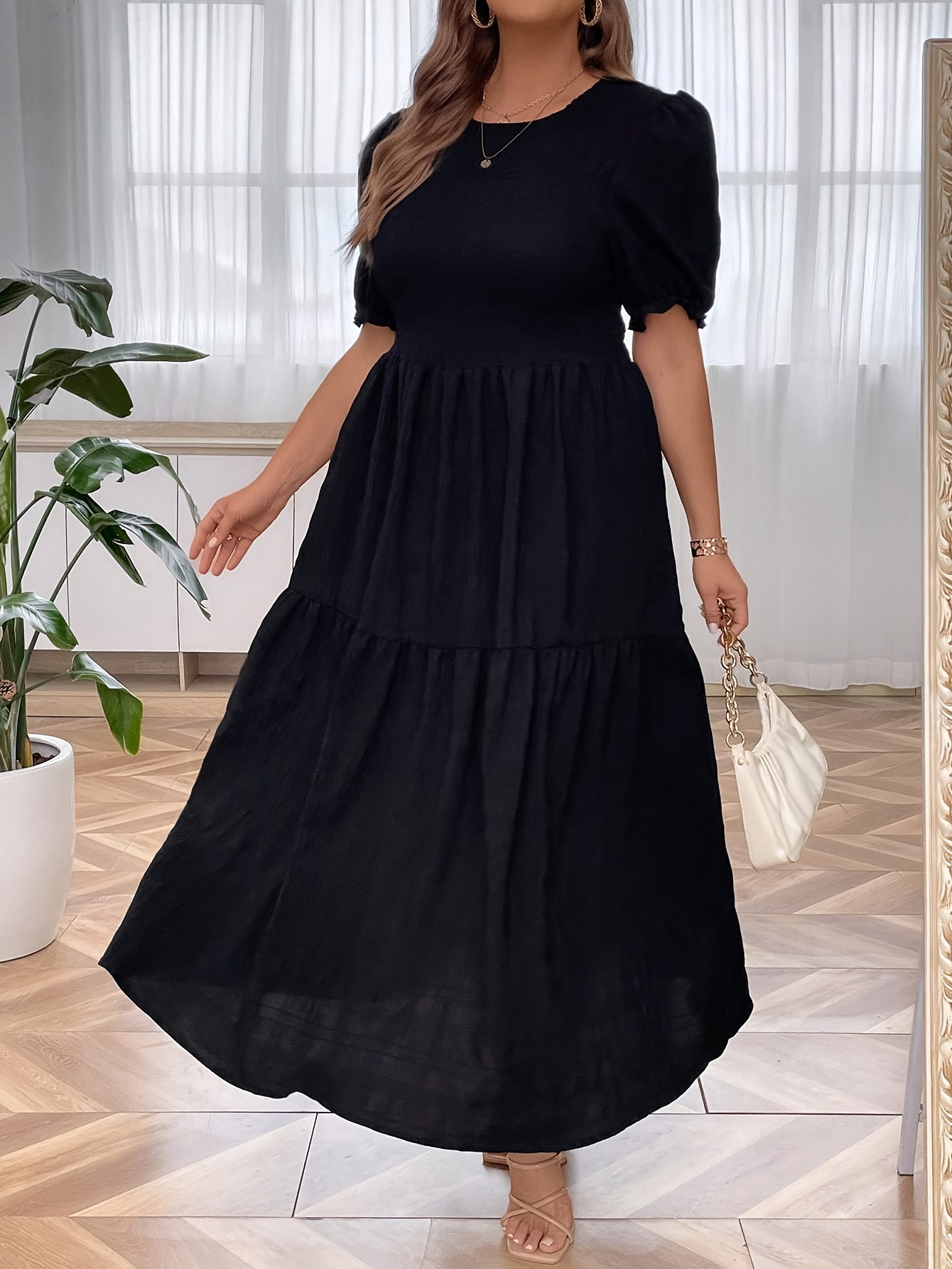 womens casual dress plus size solid crinkle puff sleeve round neck maxi smock dress details 10