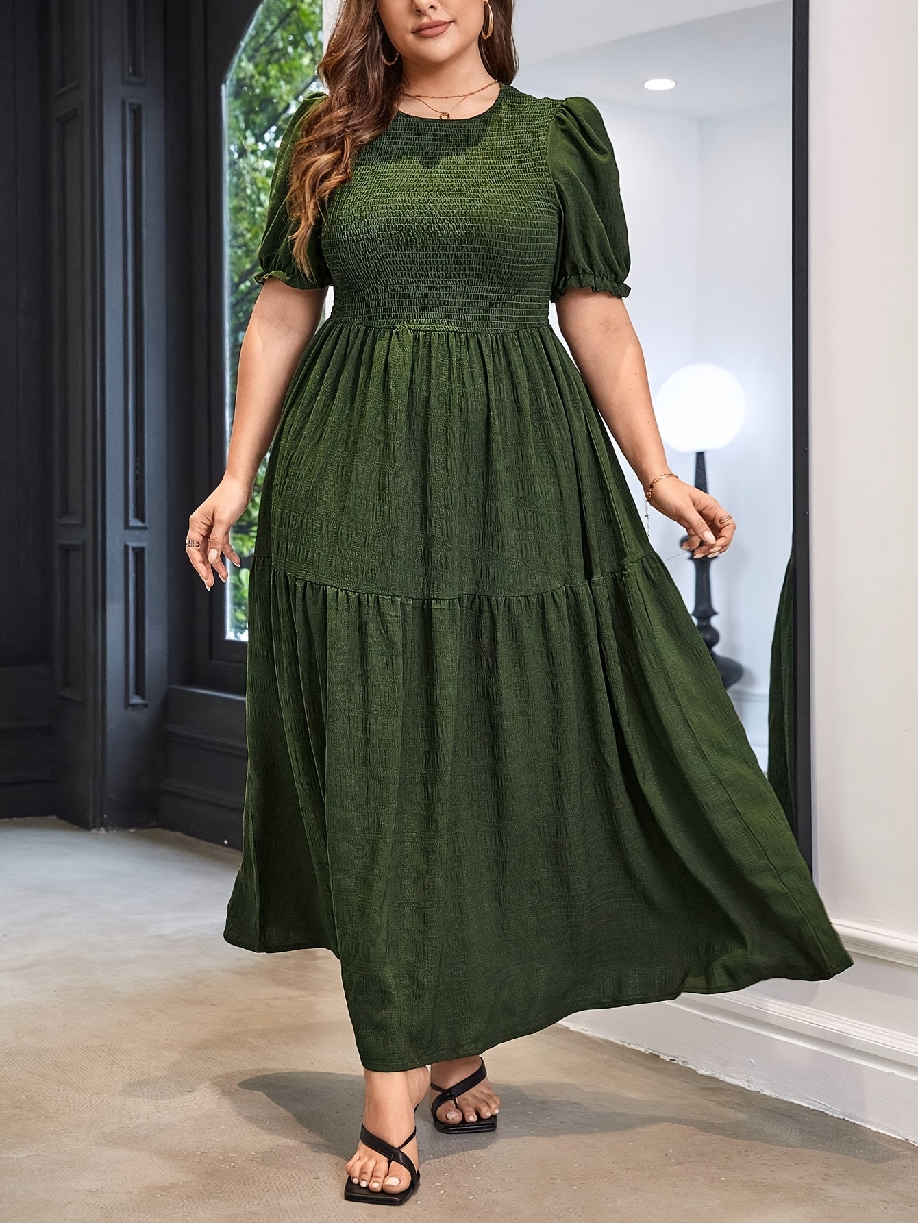 womens casual dress plus size solid crinkle puff sleeve round neck maxi smock dress details 12