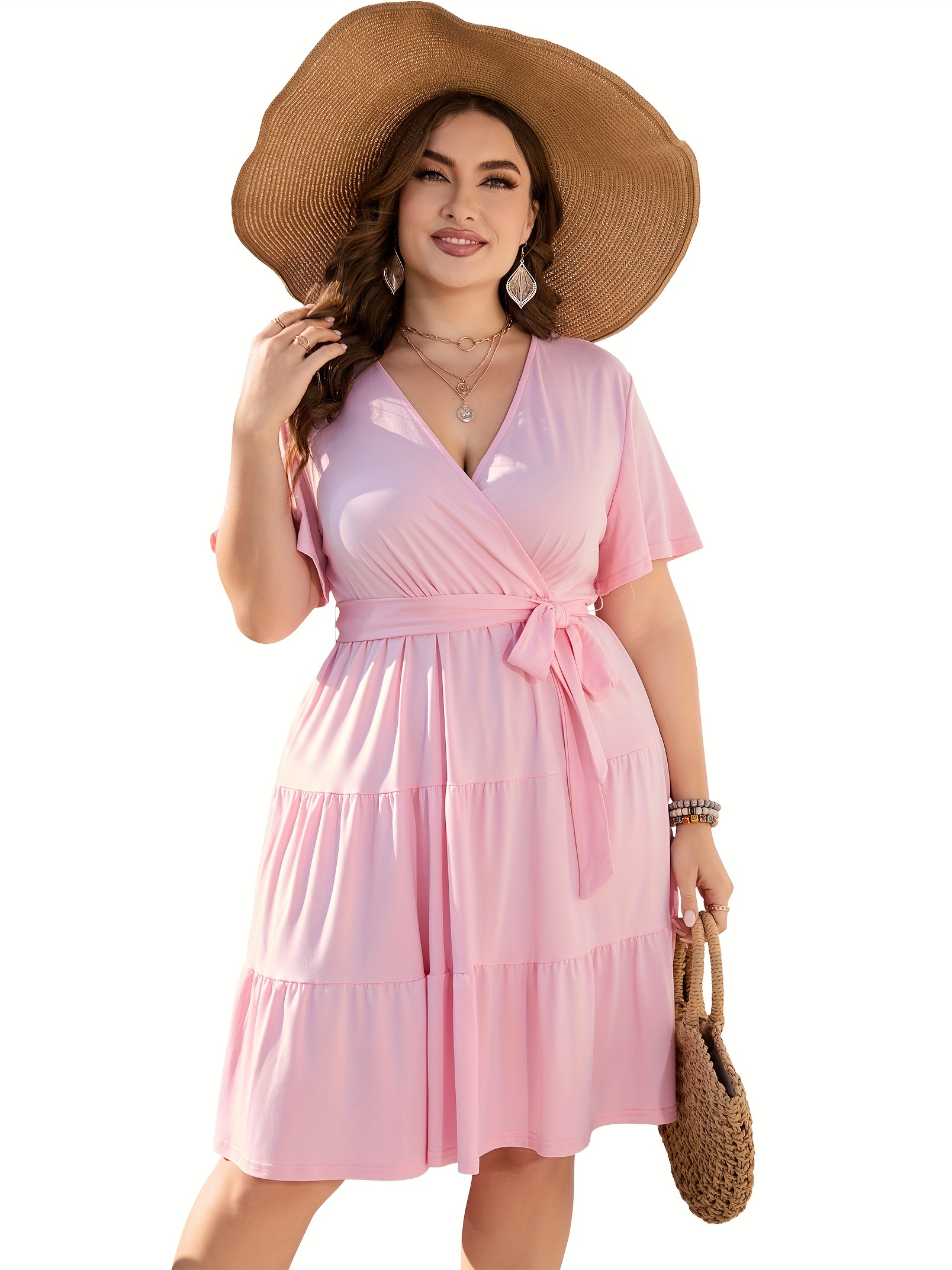 women plus size v neck wrap dress high waist short sleeve ruffle casual summer midi dress details 12