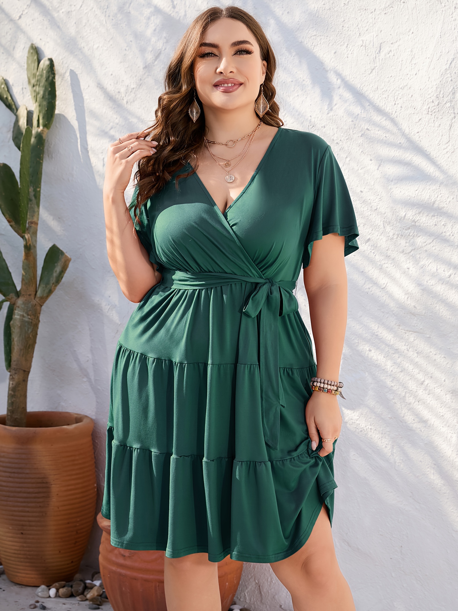 women plus size v neck wrap dress high waist short sleeve ruffle casual summer midi dress details 22