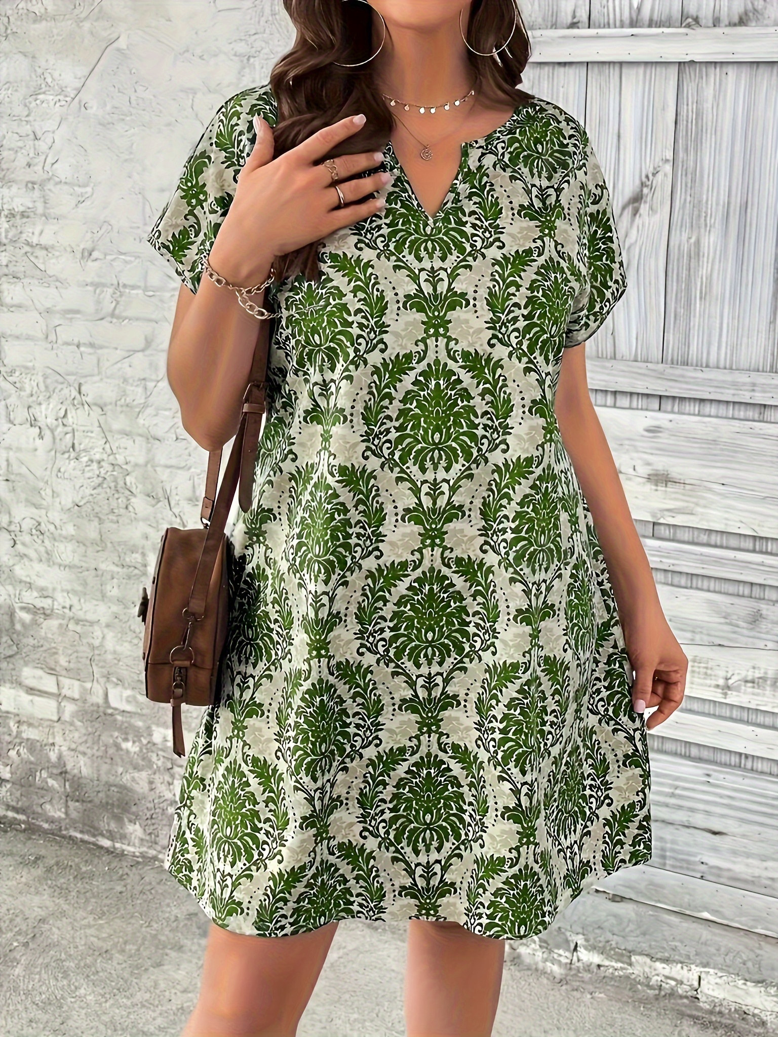 plus size allover print notched neck dress ethnic style batwing sleeve dress for spring summer womens plus size clothing details 1