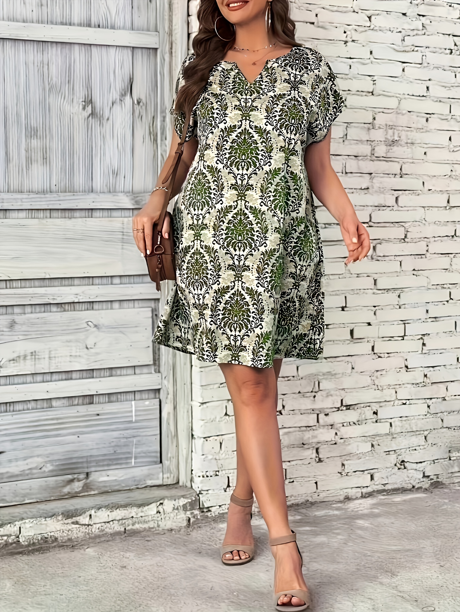 plus size allover print notched neck dress ethnic style batwing sleeve dress for spring summer womens plus size clothing details 4