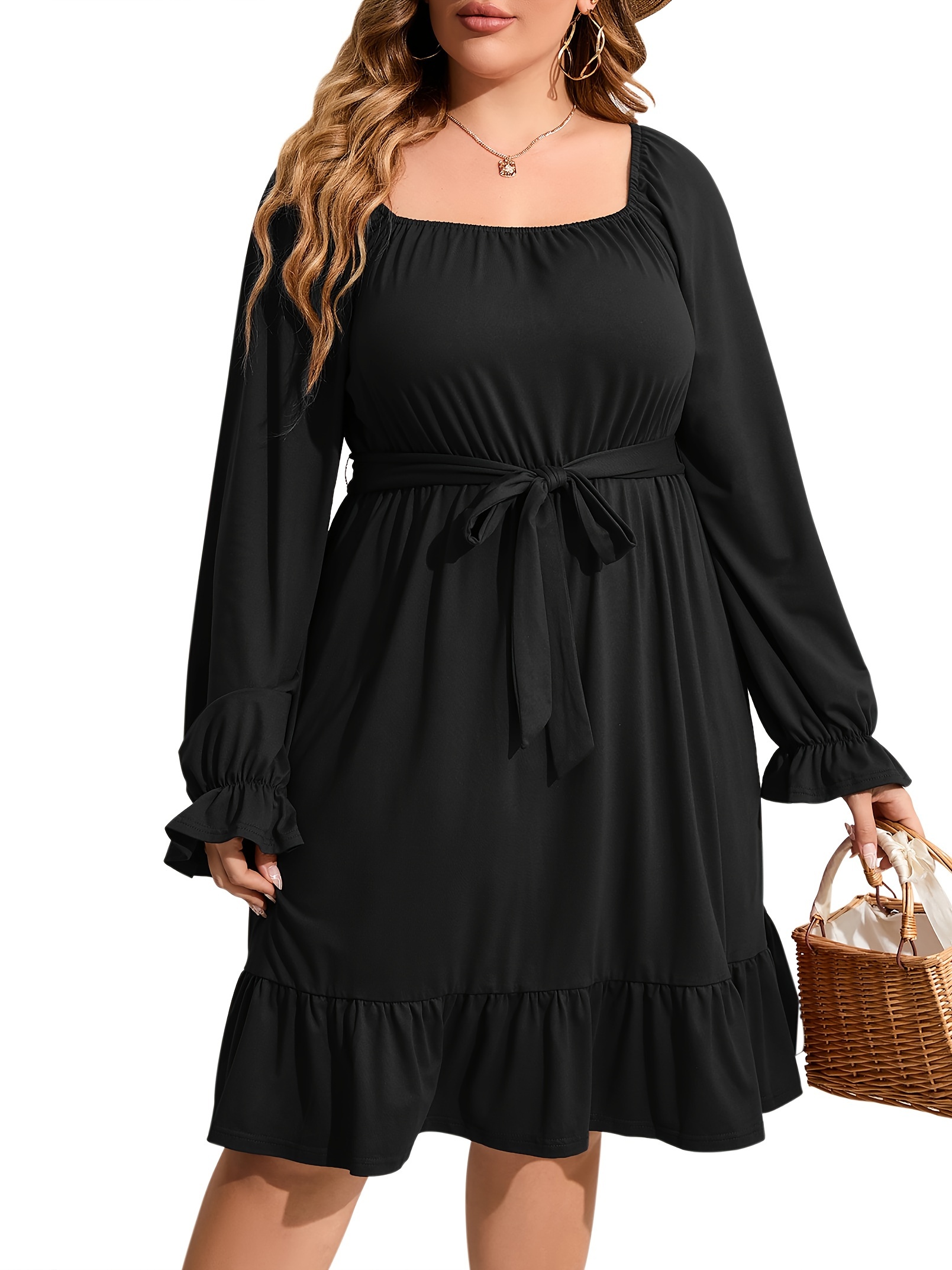 plus size square neck ruffle hem dress casual solid long sleeve dress for spring fall womens plus size clothing details 0