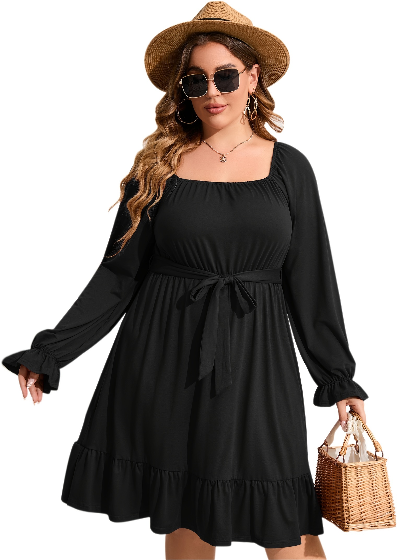 plus size square neck ruffle hem dress casual solid long sleeve dress for spring fall womens plus size clothing details 1