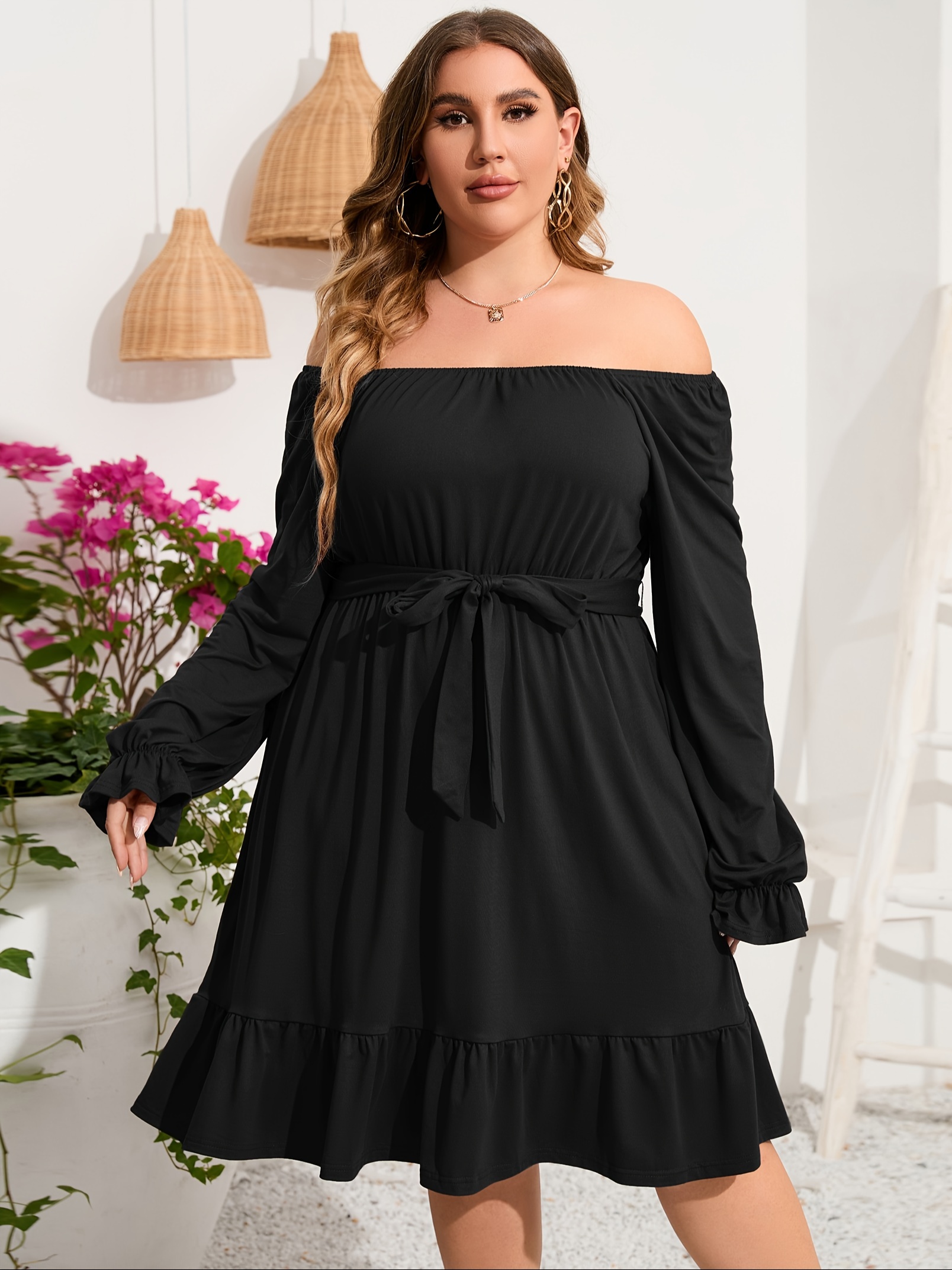 plus size square neck ruffle hem dress casual solid long sleeve dress for spring fall womens plus size clothing details 3