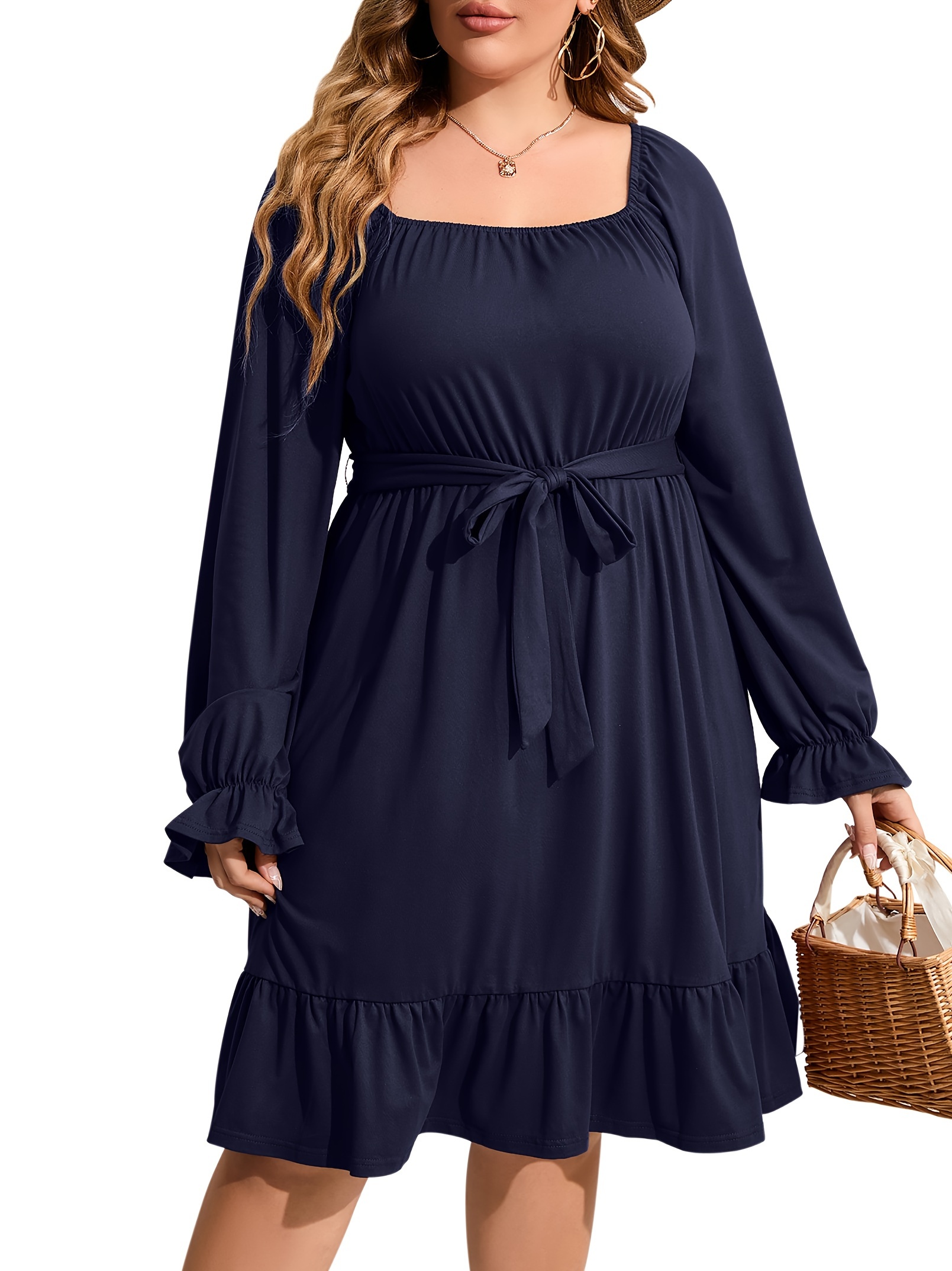 plus size square neck ruffle hem dress casual solid long sleeve dress for spring fall womens plus size clothing details 5