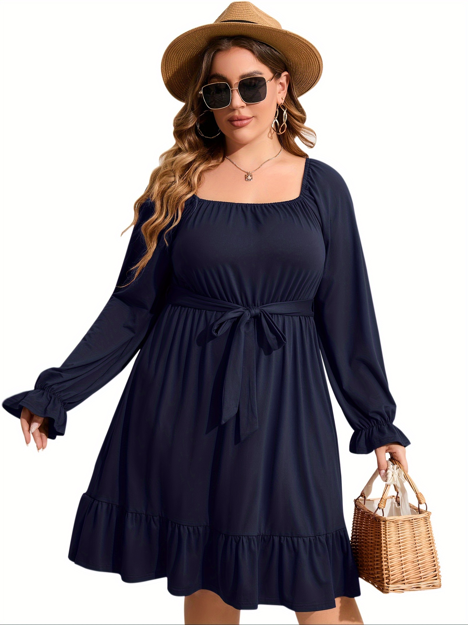 plus size square neck ruffle hem dress casual solid long sleeve dress for spring fall womens plus size clothing details 6