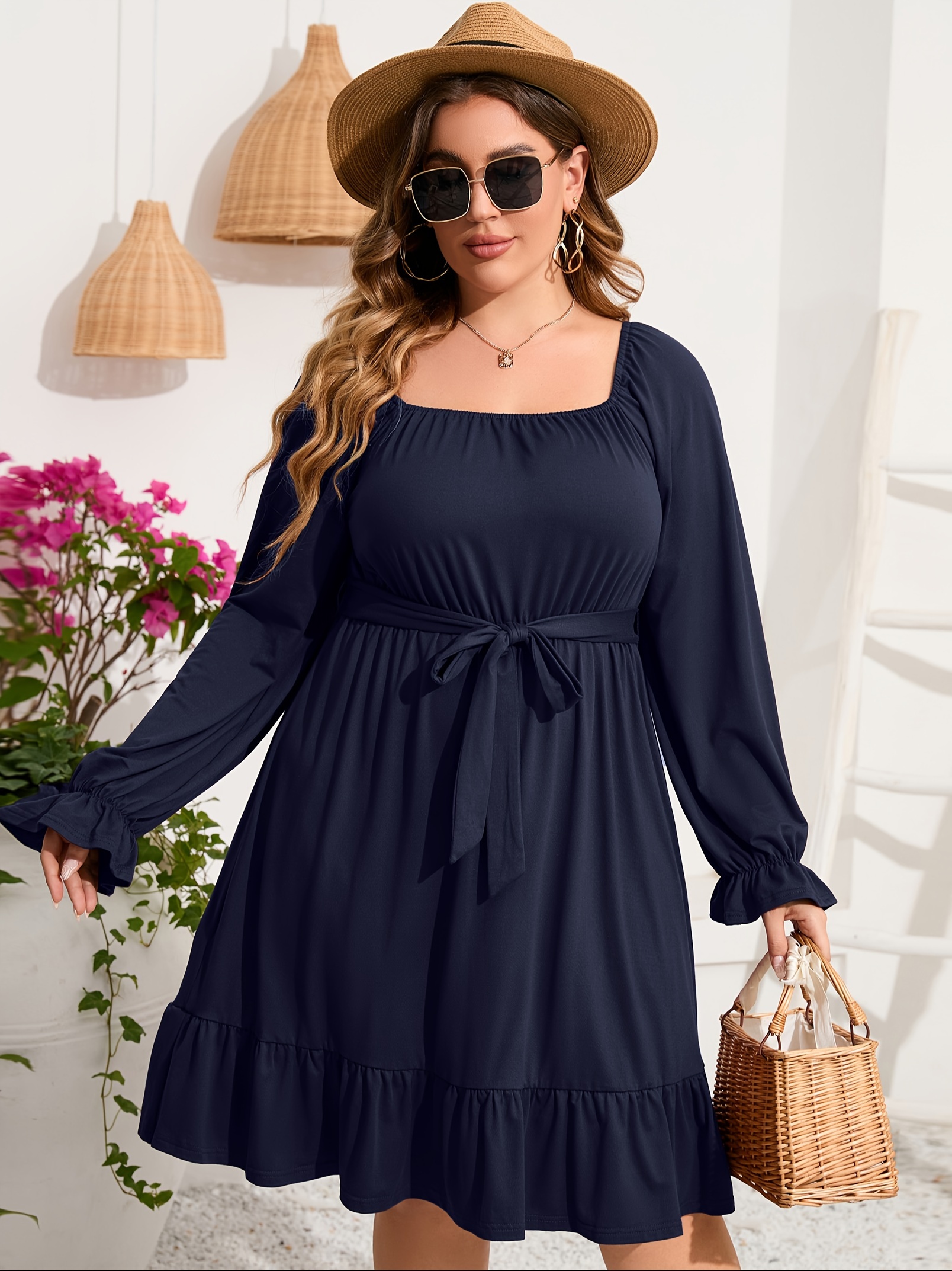 plus size square neck ruffle hem dress casual solid long sleeve dress for spring fall womens plus size clothing details 7