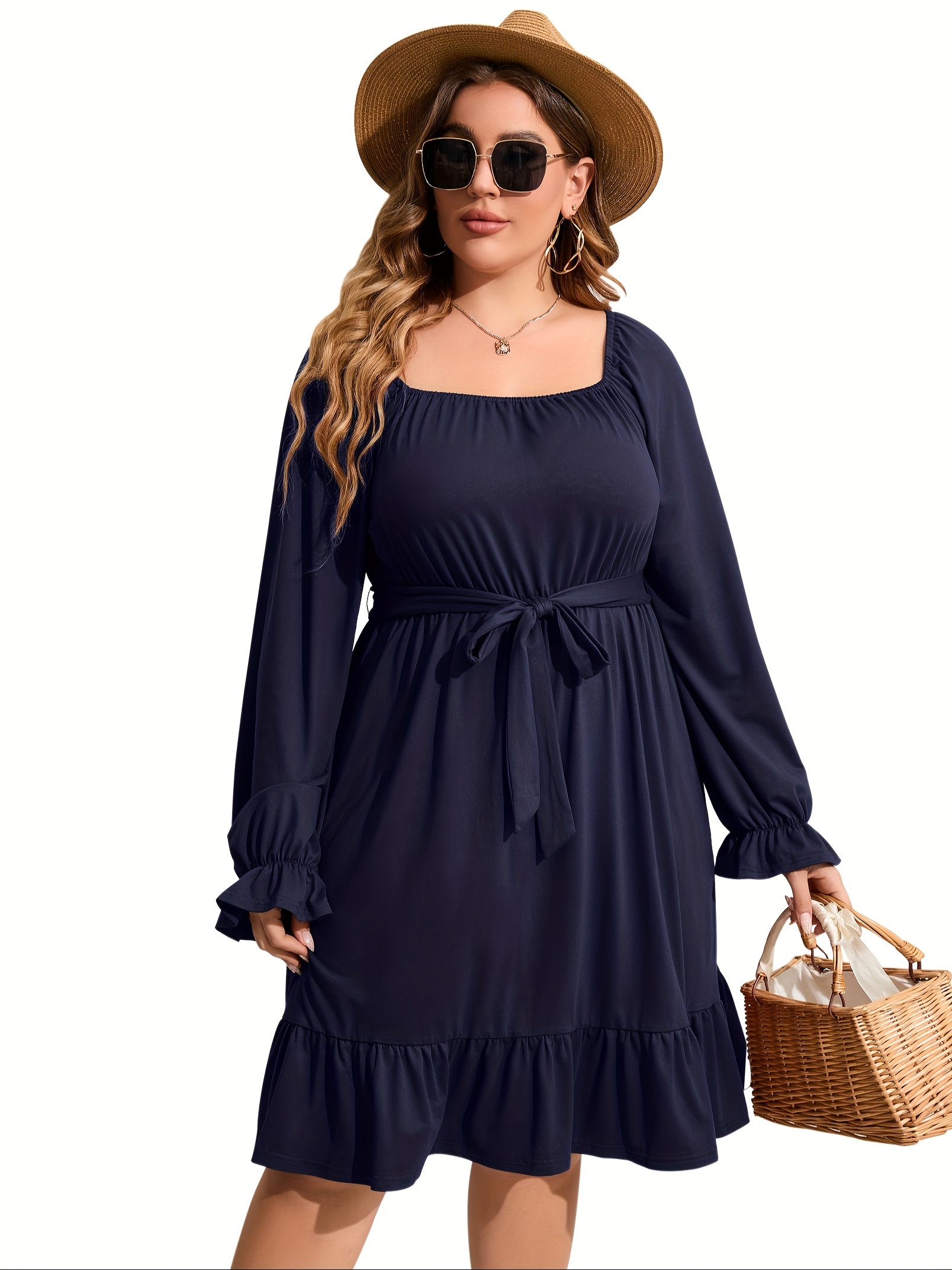 plus size square neck ruffle hem dress casual solid long sleeve dress for spring fall womens plus size clothing details 8