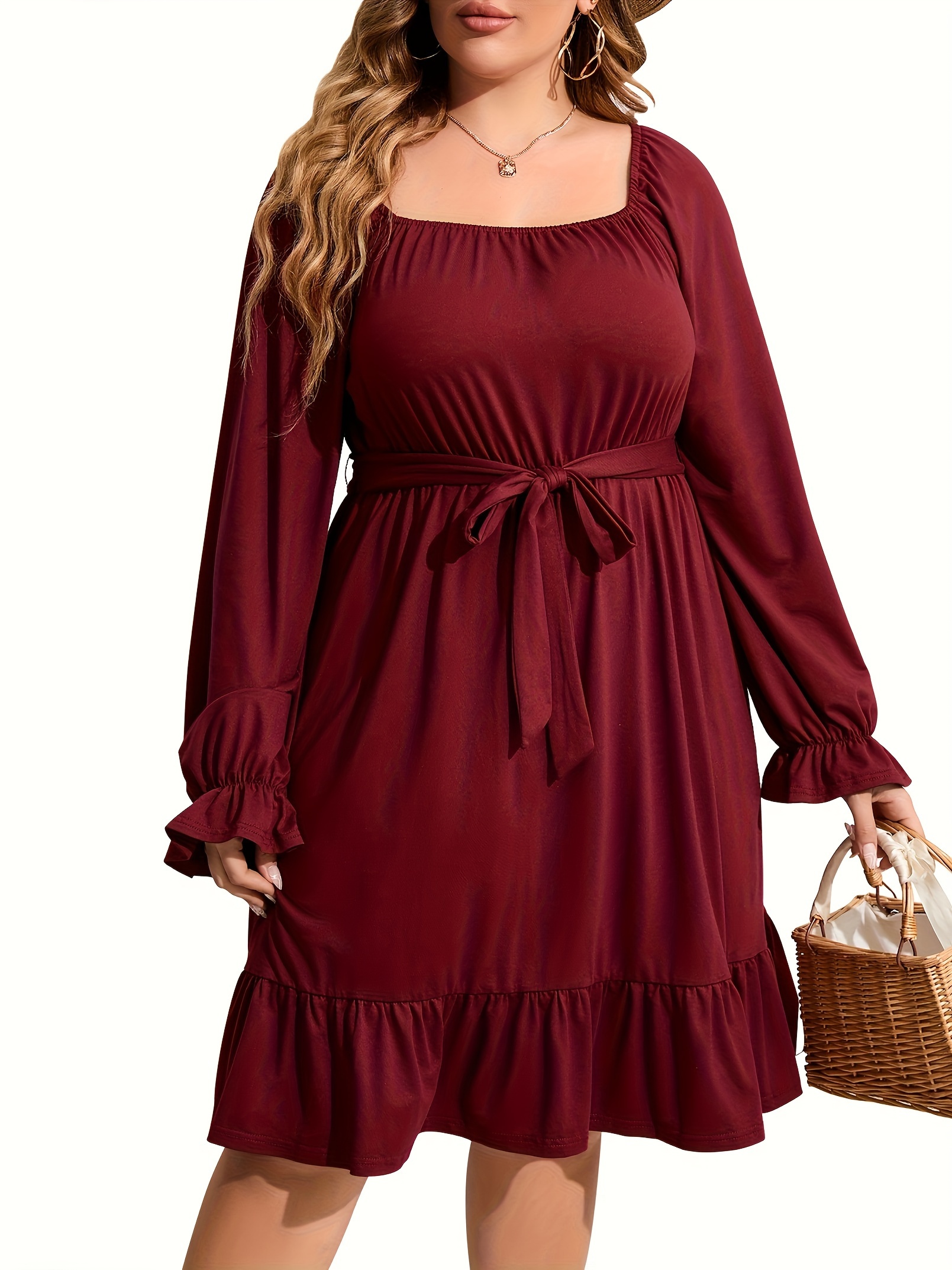 plus size square neck ruffle hem dress casual solid long sleeve dress for spring fall womens plus size clothing details 10