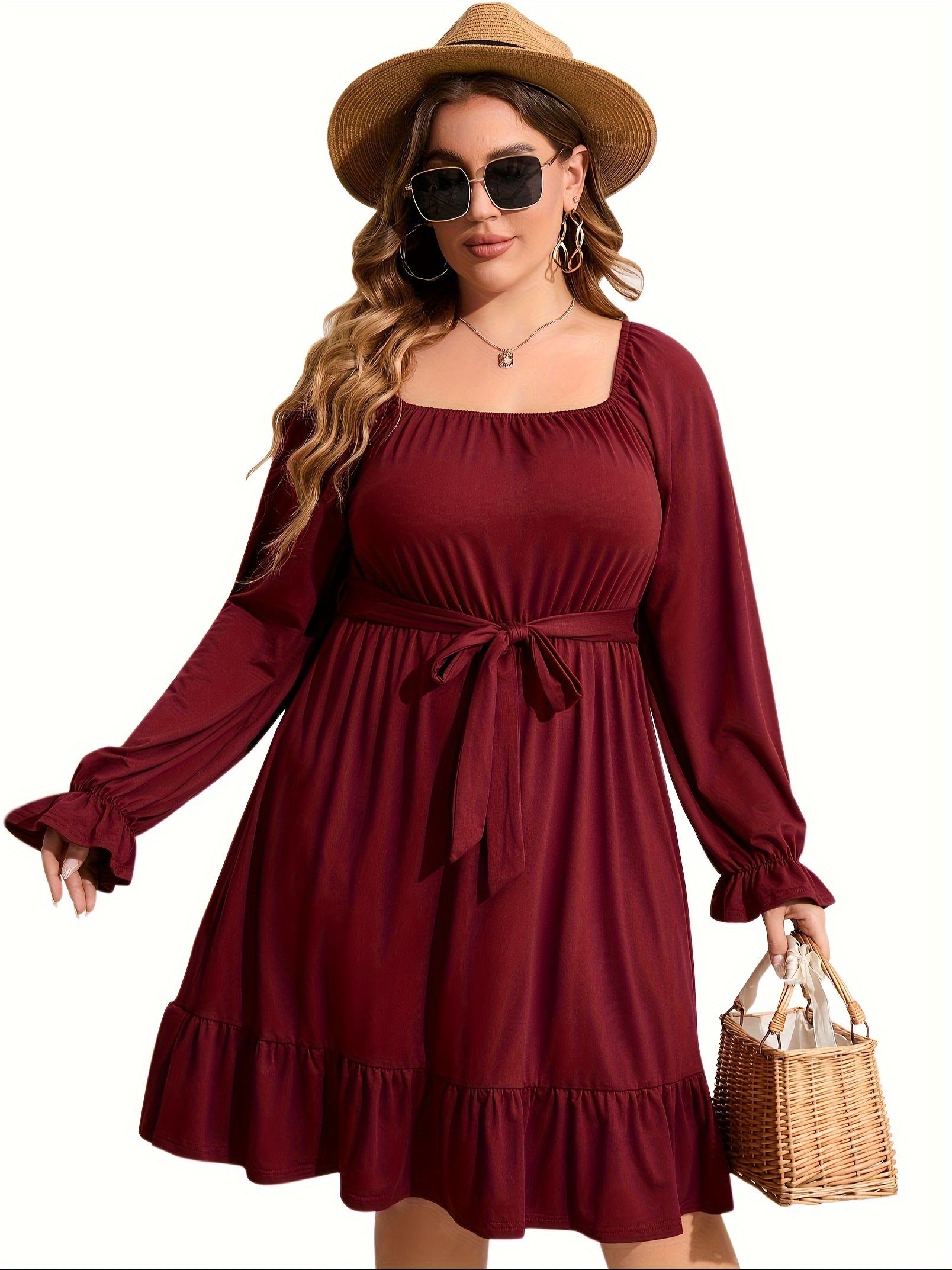 plus size square neck ruffle hem dress casual solid long sleeve dress for spring fall womens plus size clothing details 11