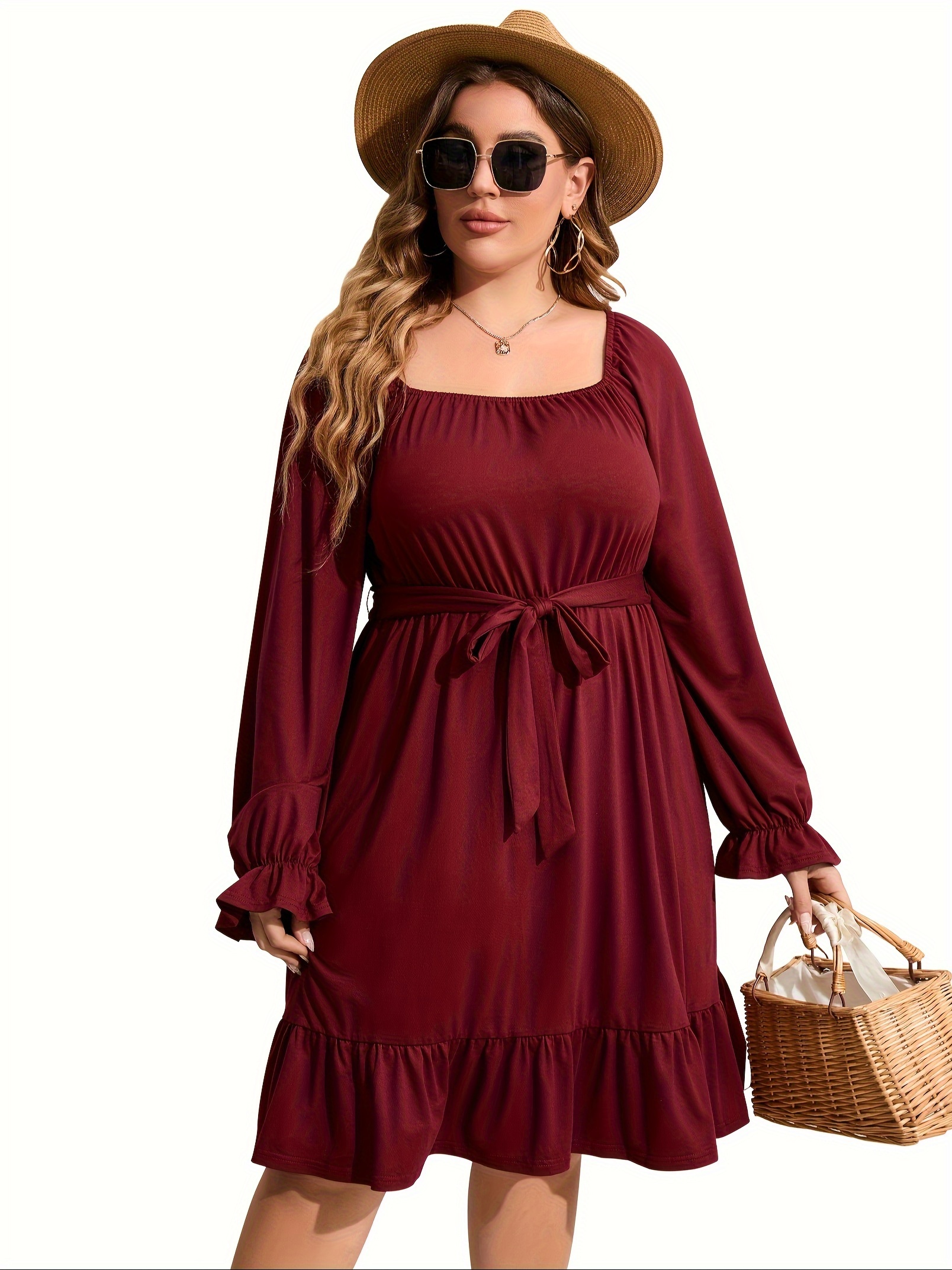 plus size square neck ruffle hem dress casual solid long sleeve dress for spring fall womens plus size clothing details 12