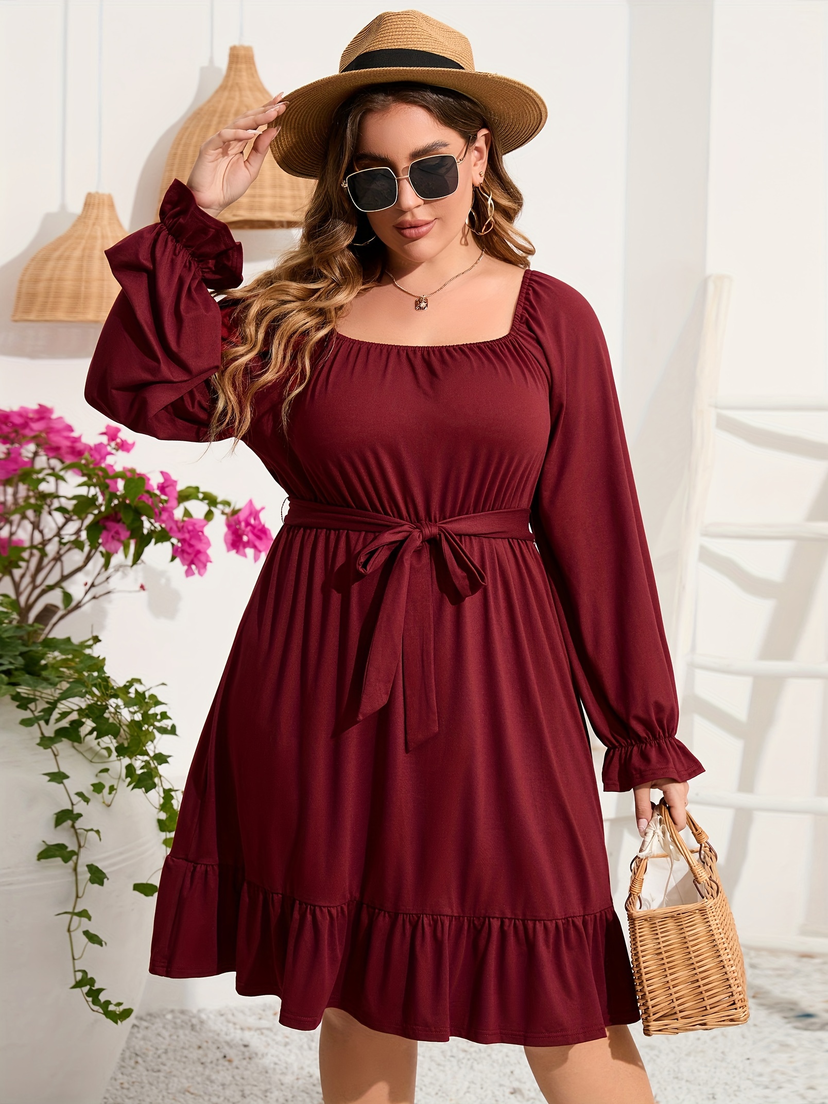 plus size square neck ruffle hem dress casual solid long sleeve dress for spring fall womens plus size clothing details 14