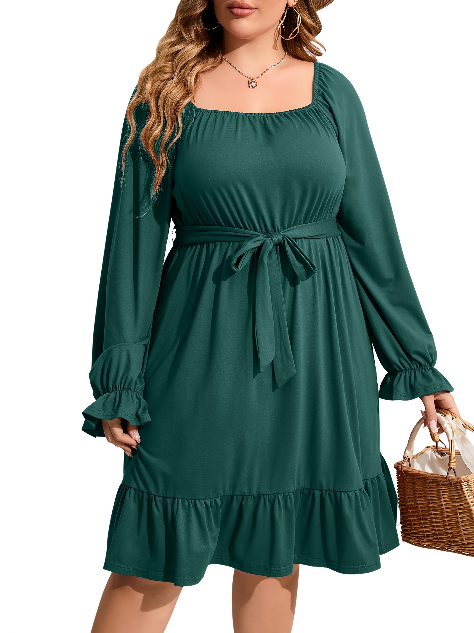 plus size square neck ruffle hem dress casual solid long sleeve dress for spring fall womens plus size clothing details 15