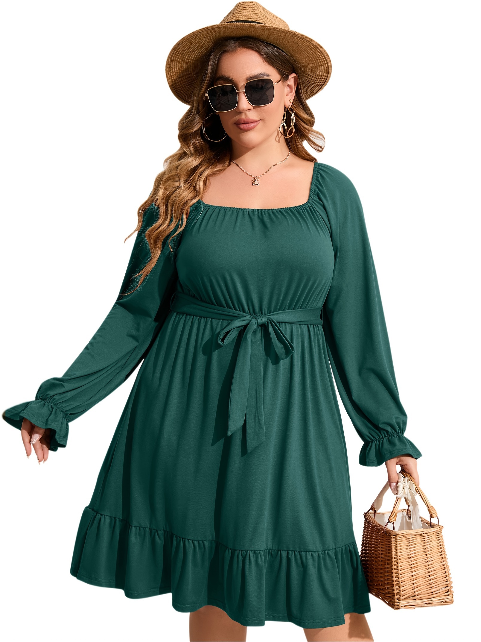 plus size square neck ruffle hem dress casual solid long sleeve dress for spring fall womens plus size clothing details 16