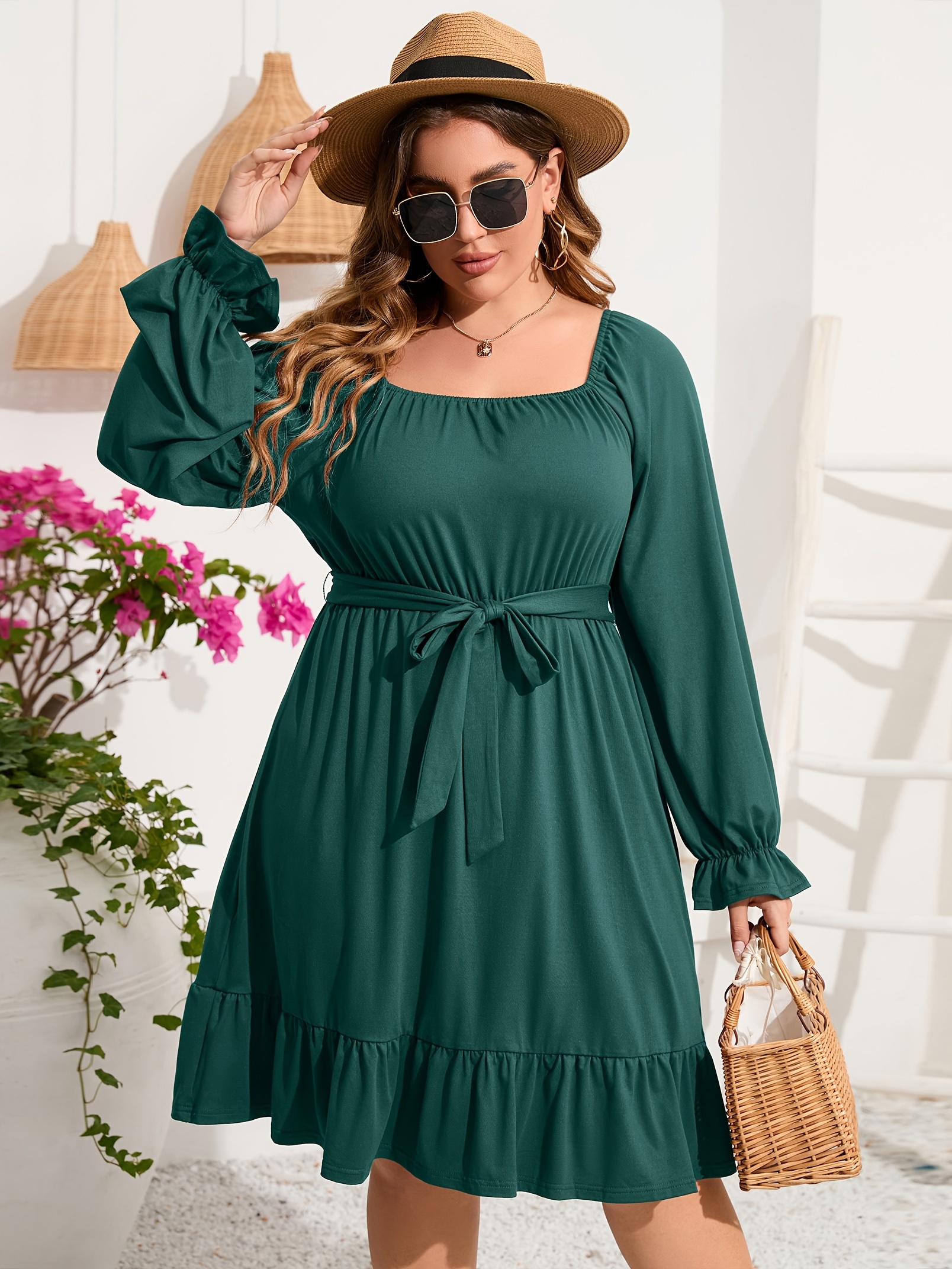 plus size square neck ruffle hem dress casual solid long sleeve dress for spring fall womens plus size clothing details 17