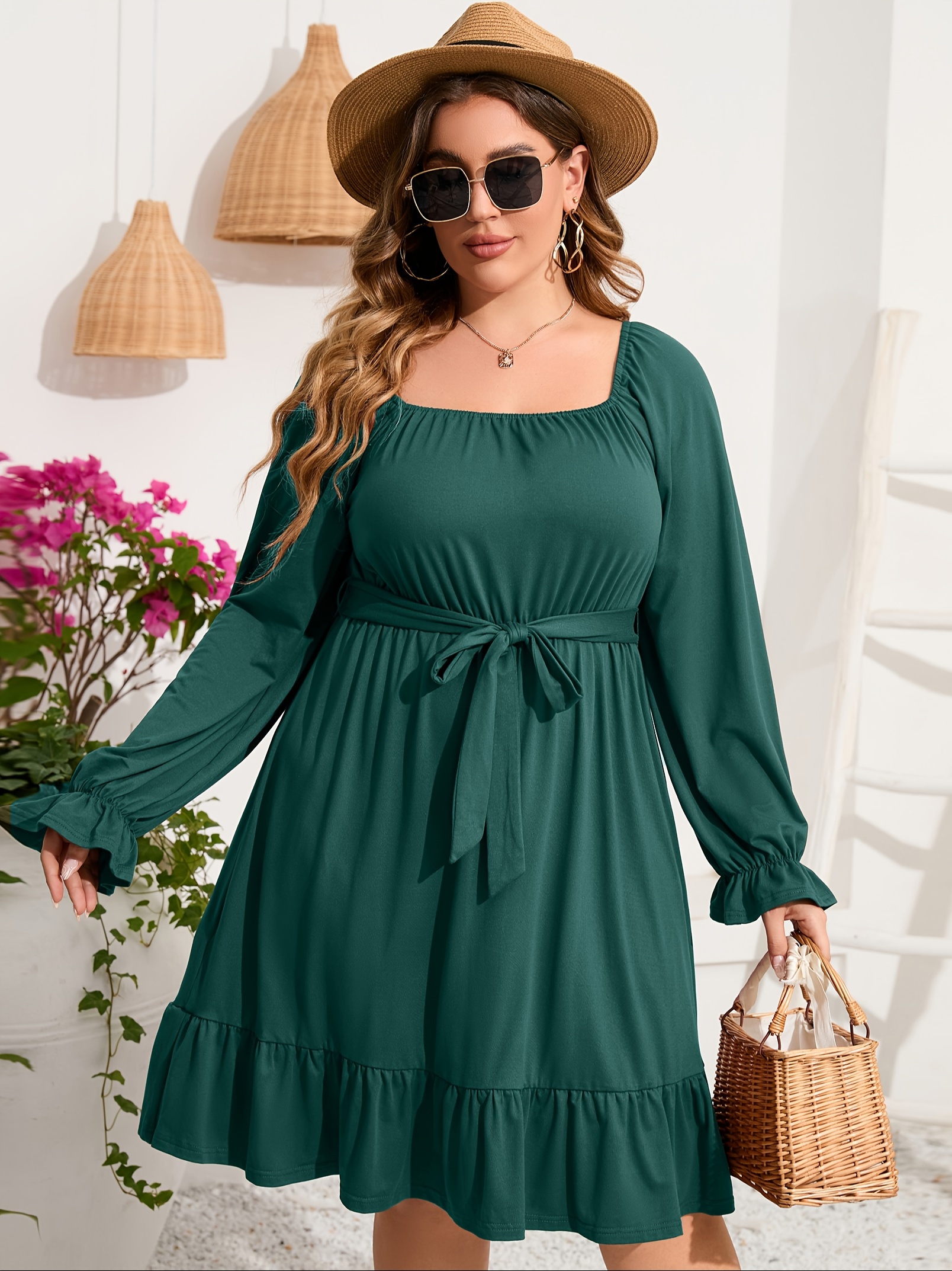 plus size square neck ruffle hem dress casual solid long sleeve dress for spring fall womens plus size clothing details 19