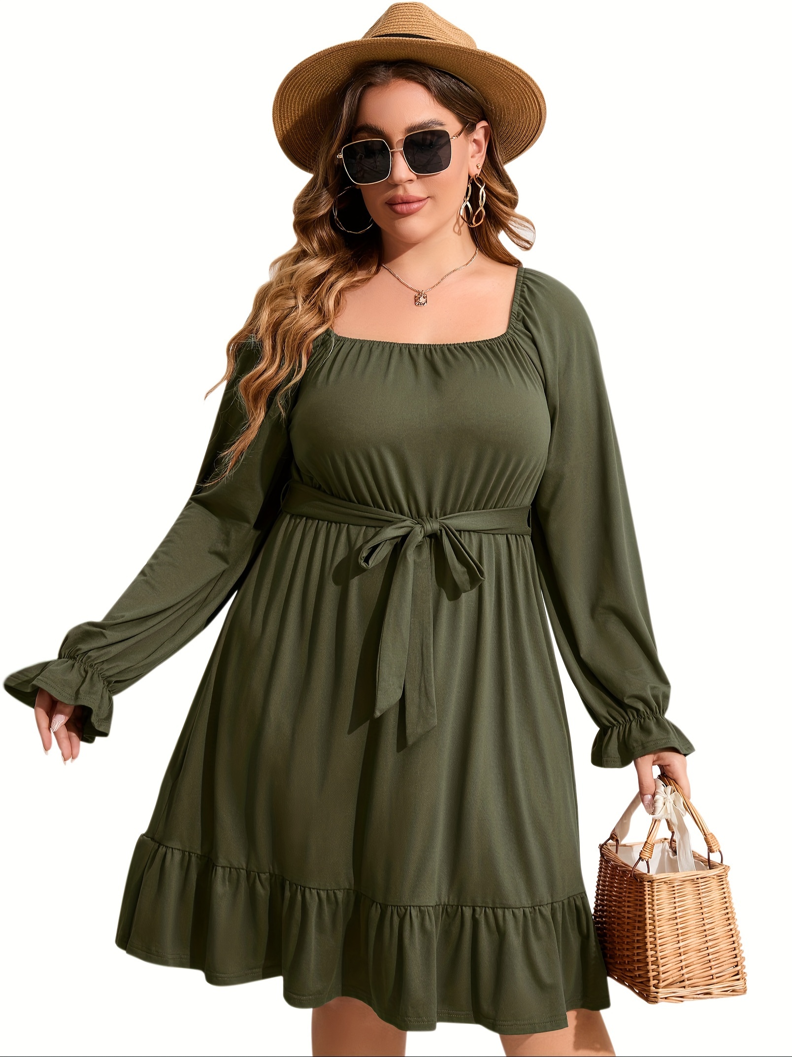 plus size square neck ruffle hem dress casual solid long sleeve dress for spring fall womens plus size clothing details 20