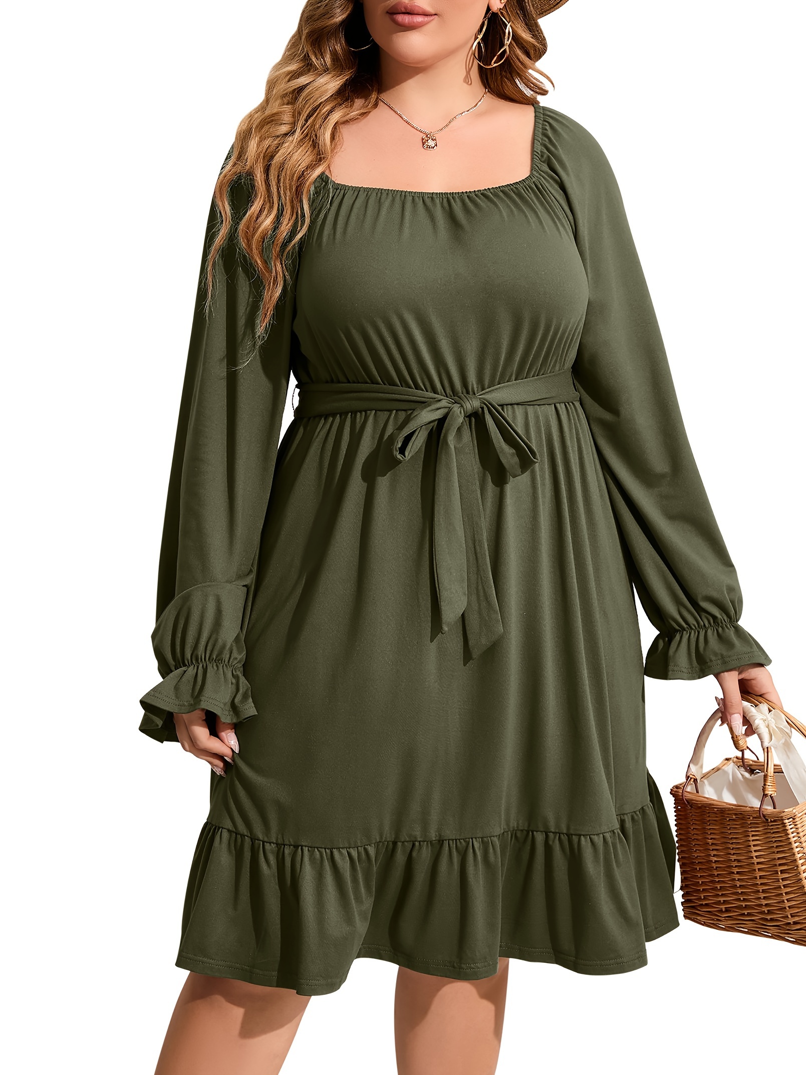 plus size square neck ruffle hem dress casual solid long sleeve dress for spring fall womens plus size clothing details 21