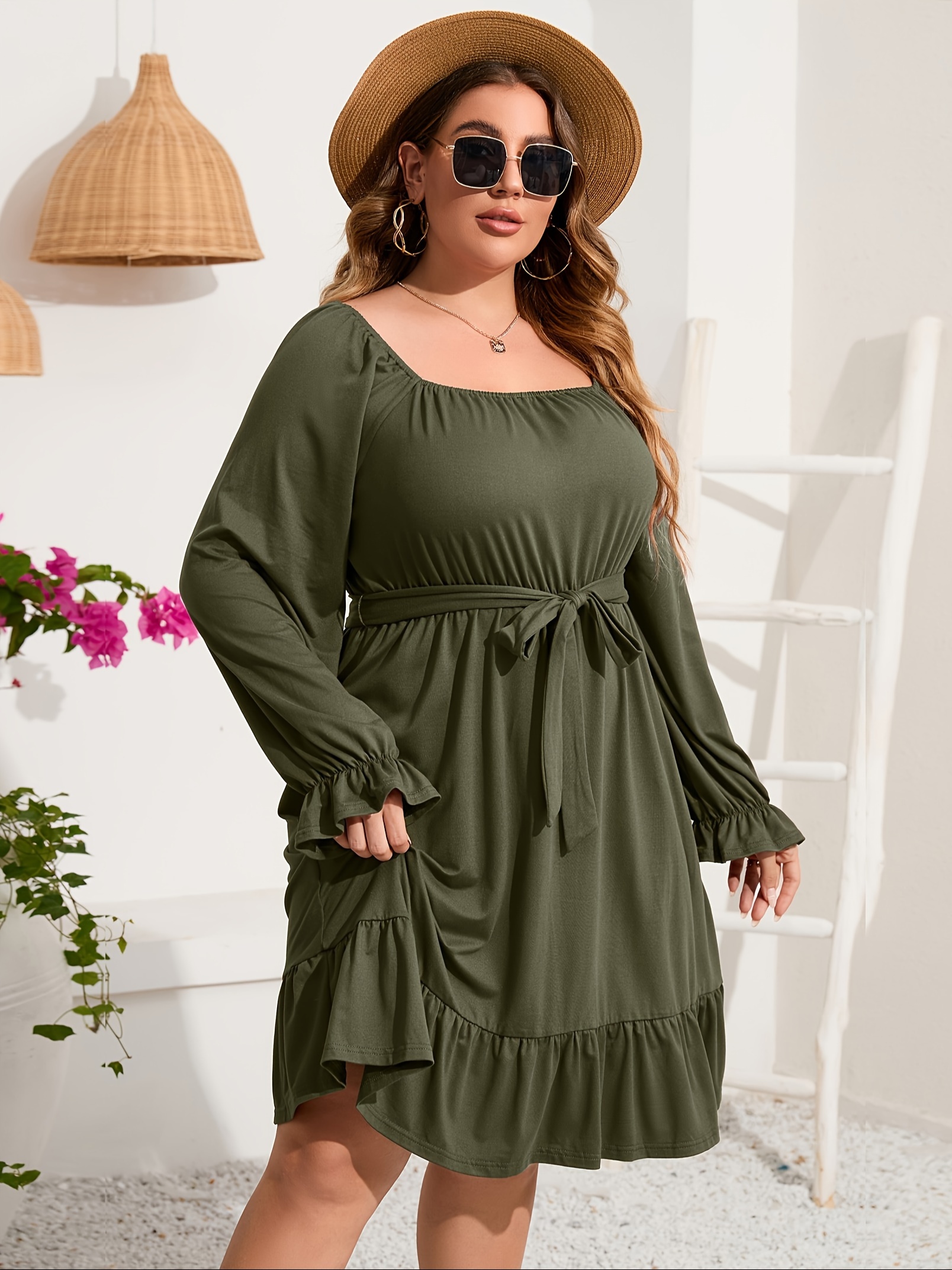 plus size square neck ruffle hem dress casual solid long sleeve dress for spring fall womens plus size clothing details 22