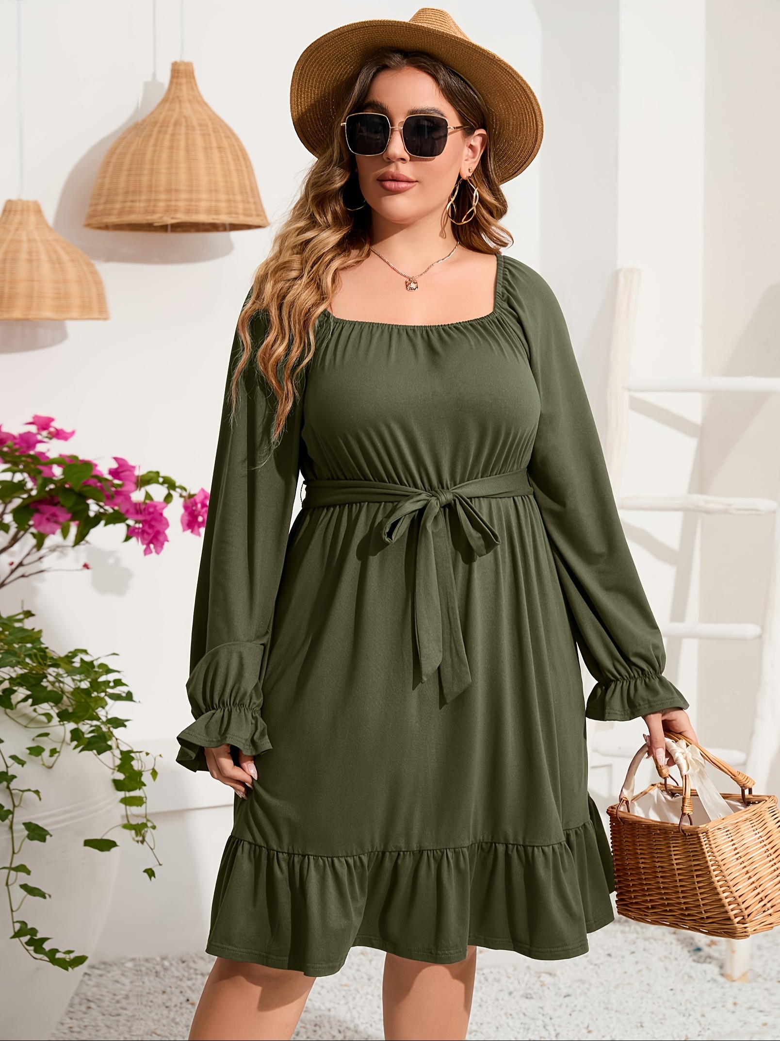 plus size square neck ruffle hem dress casual solid long sleeve dress for spring fall womens plus size clothing details 23