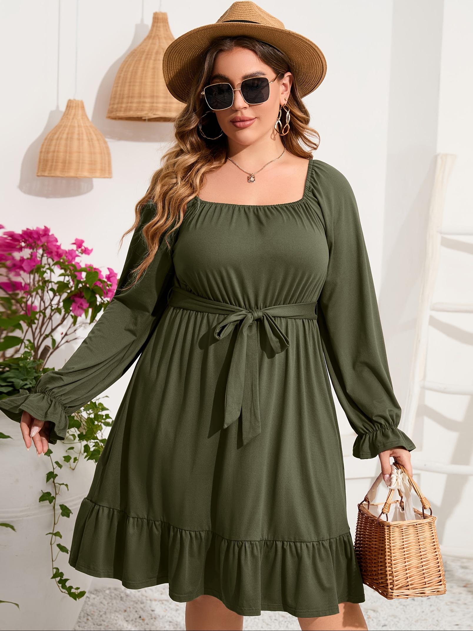 plus size square neck ruffle hem dress casual solid long sleeve dress for spring fall womens plus size clothing details 24