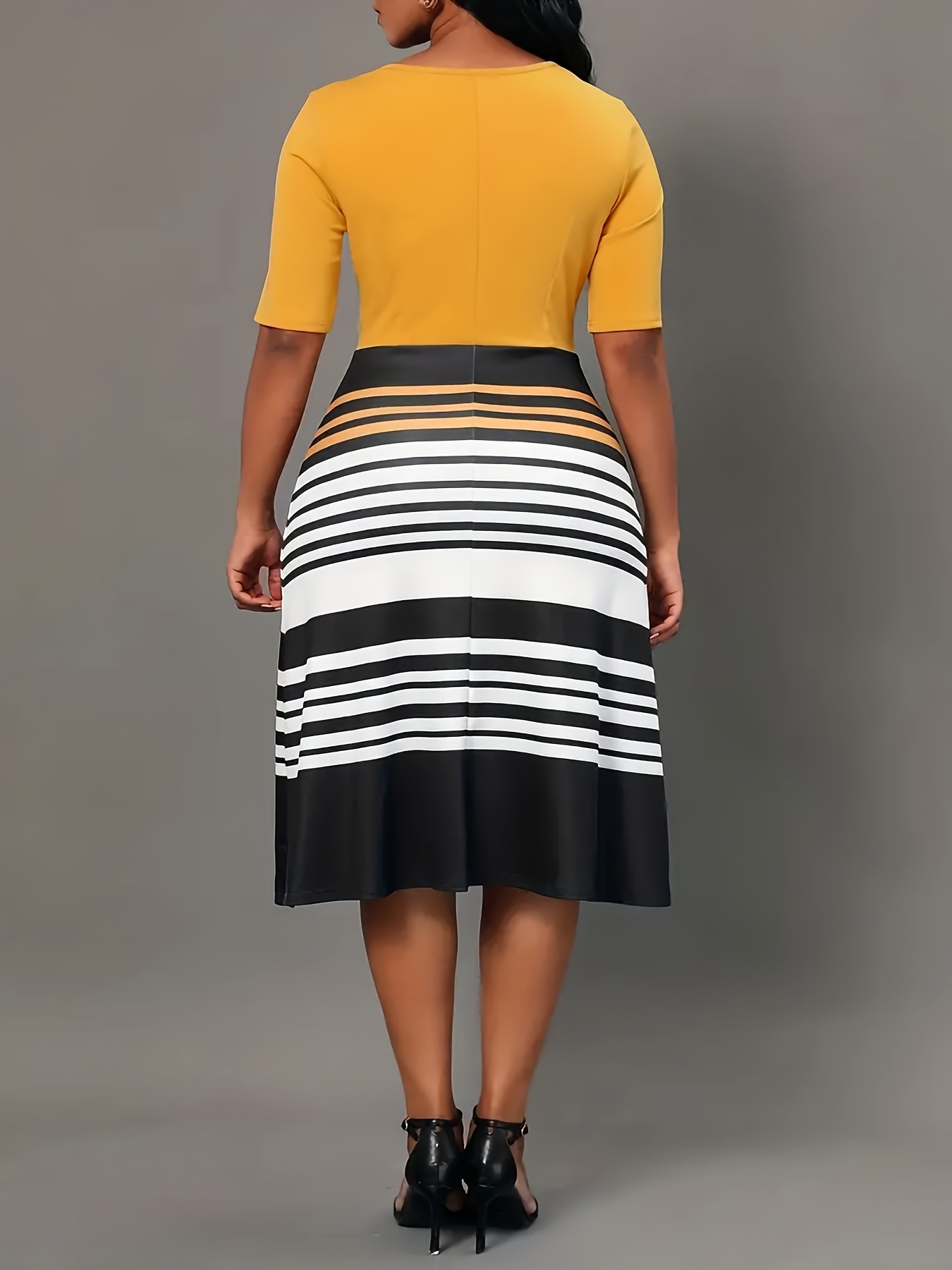 plus size elegant dress womens plus colorblock stripe print half sleeve round neck midi dress details 2