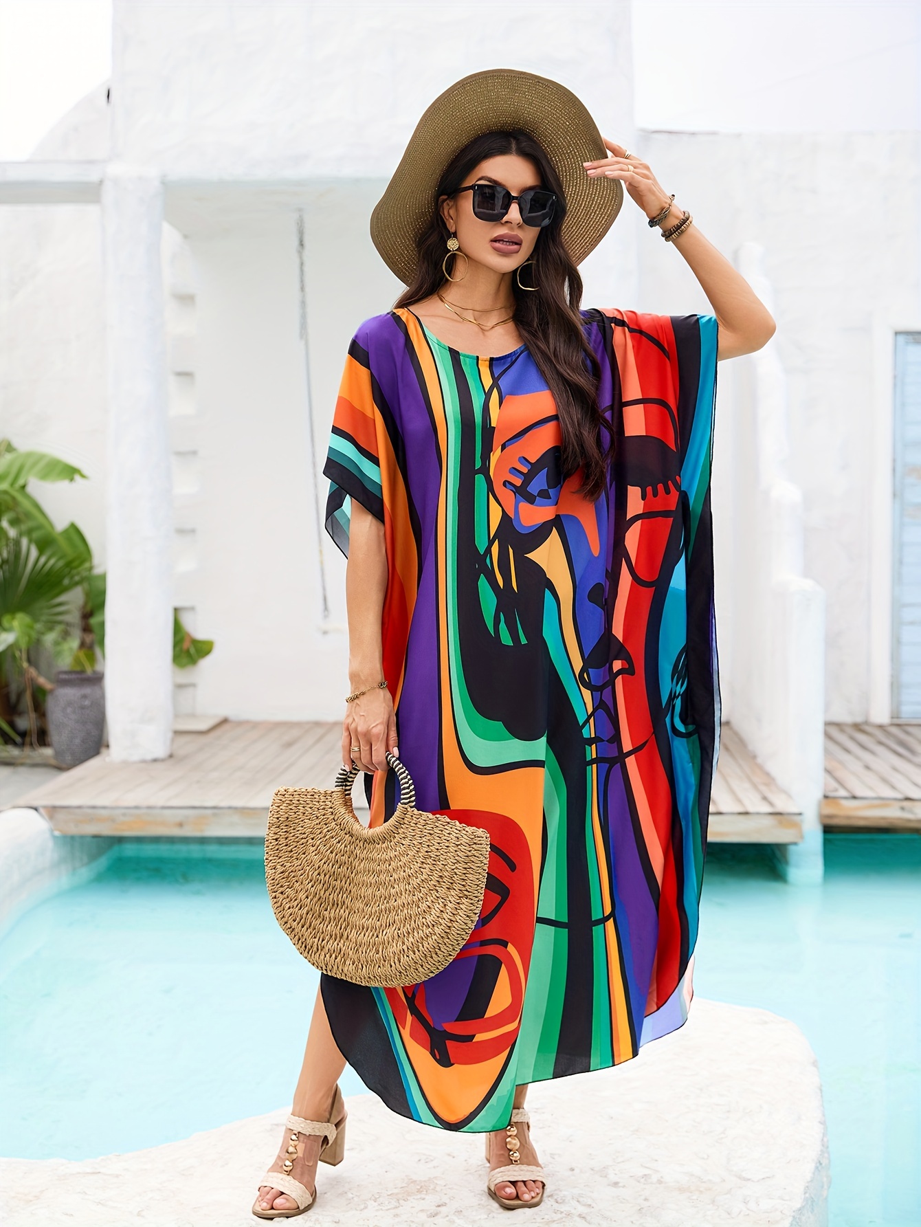 kaftan dresses for women colorful stripe full body print crew neck beach cover up kaftan robe casual home vacation bat sleeve large size swimwear cover up side split dress long caftan details 0