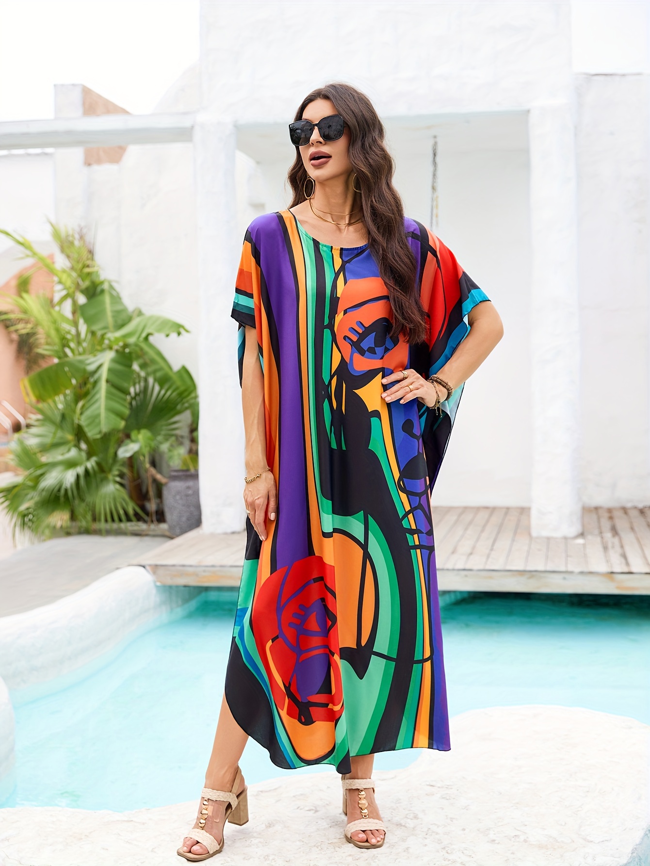 kaftan dresses for women colorful stripe full body print crew neck beach cover up kaftan robe casual home vacation bat sleeve large size swimwear cover up side split dress long caftan details 2