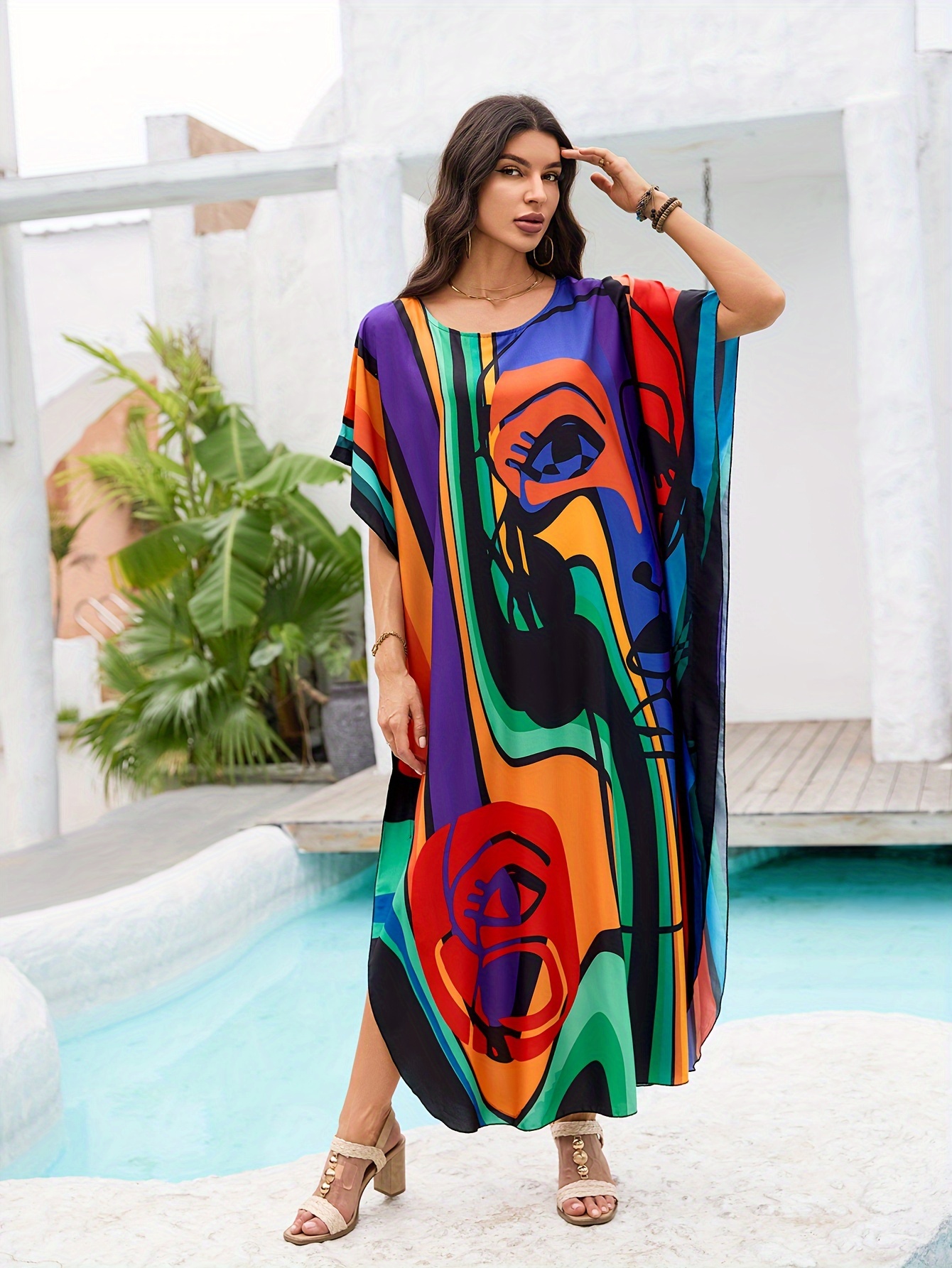 kaftan dresses for women colorful stripe full body print crew neck beach cover up kaftan robe casual home vacation bat sleeve large size swimwear cover up side split dress long caftan details 3