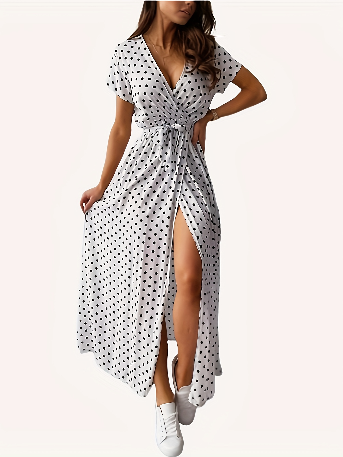 plus size polka dot v neck dress boho split thigh short sleeve belted beach dress womens plus size clothing details 5