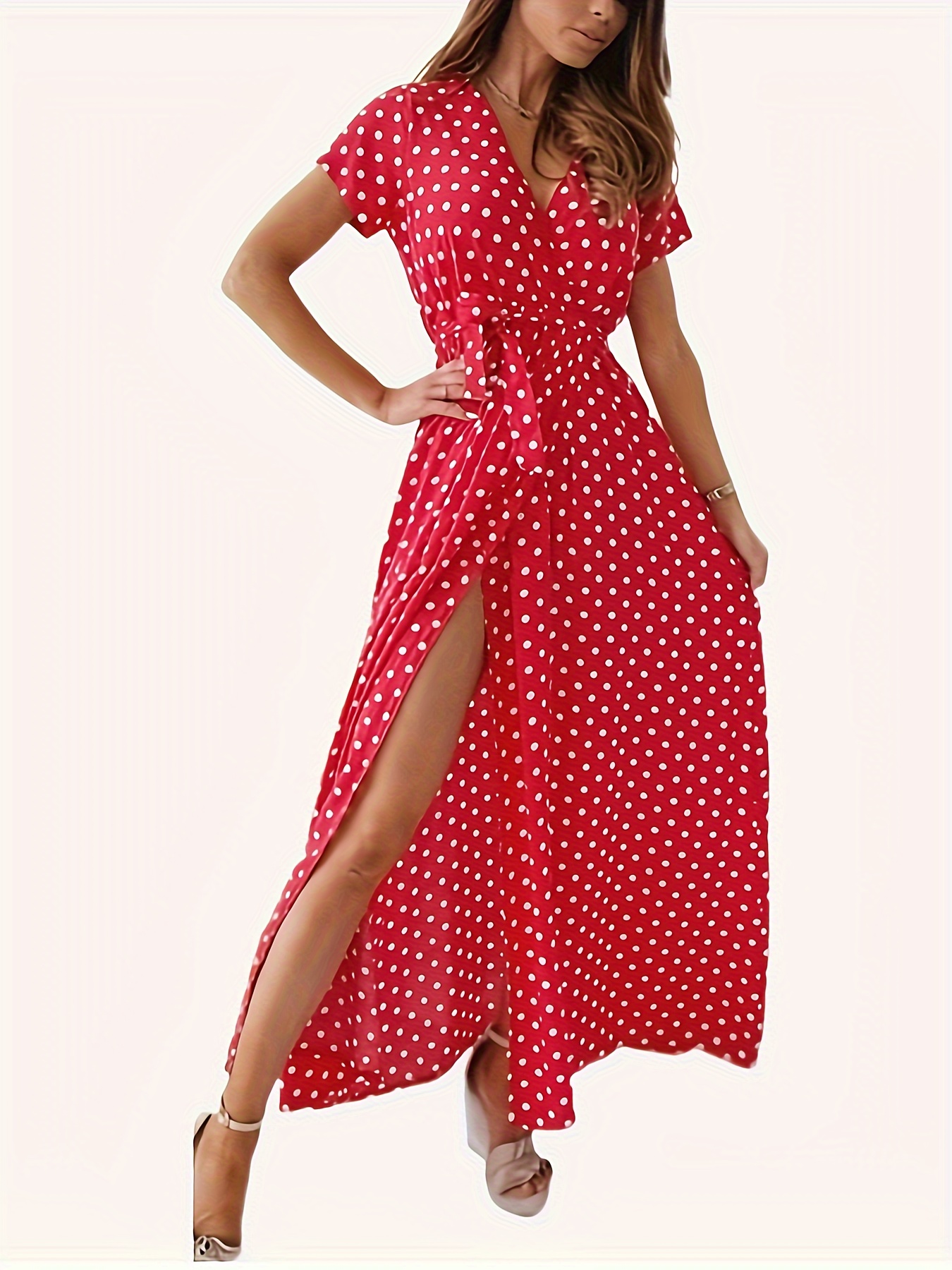 plus size polka dot v neck dress boho split thigh short sleeve belted beach dress womens plus size clothing details 16