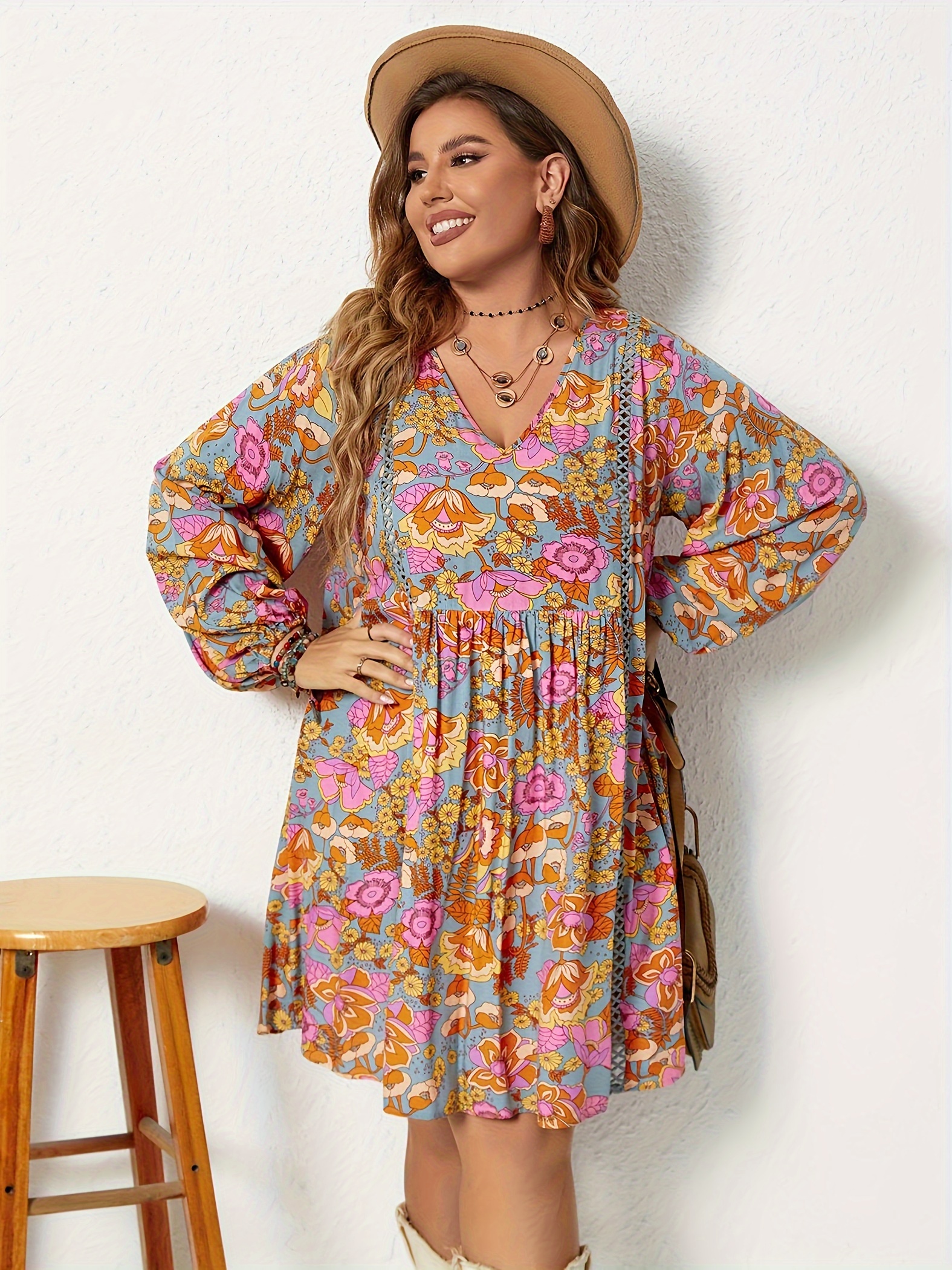 plus size floral print loose dress boho v neck long sleeve dress womens plus size clothing details 0