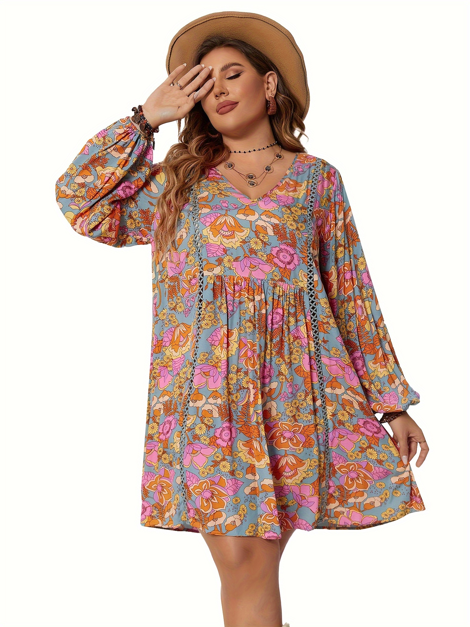 plus size floral print loose dress boho v neck long sleeve dress womens plus size clothing details 1