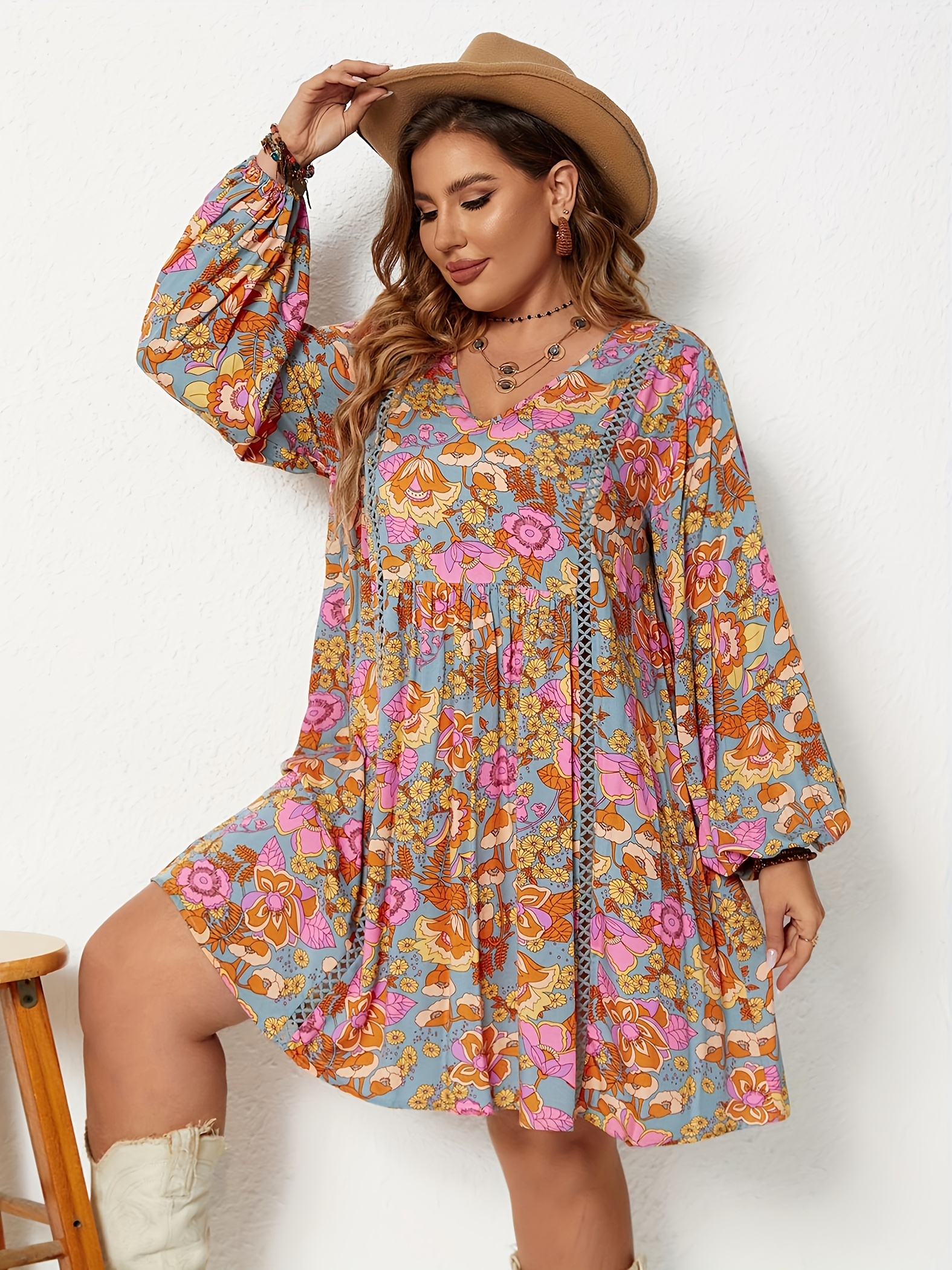 plus size floral print loose dress boho v neck long sleeve dress womens plus size clothing details 2