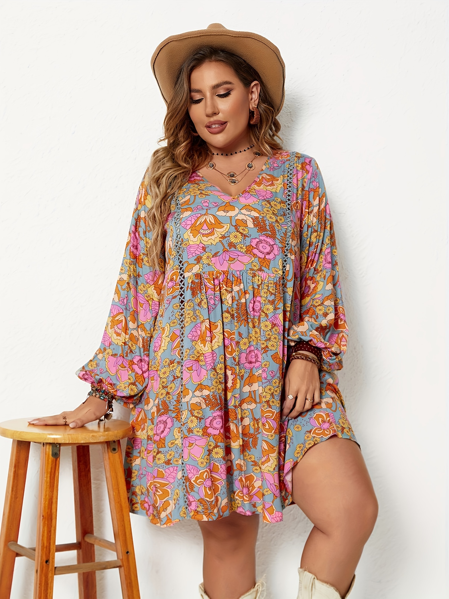 plus size floral print loose dress boho v neck long sleeve dress womens plus size clothing details 3