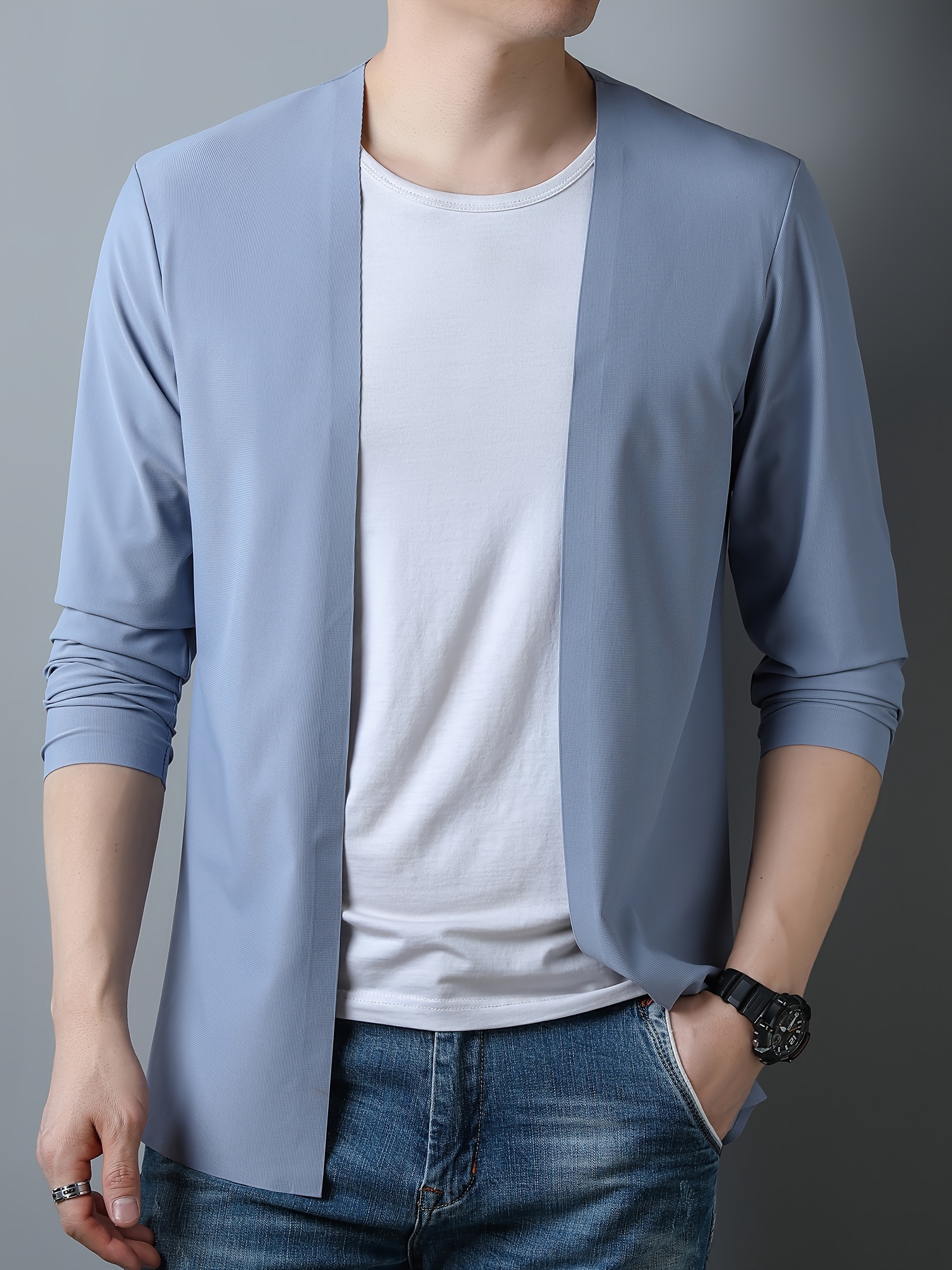 mens solid knitted cardigan casual long sleeve high stretch open front sweater for outdoor activities details 0