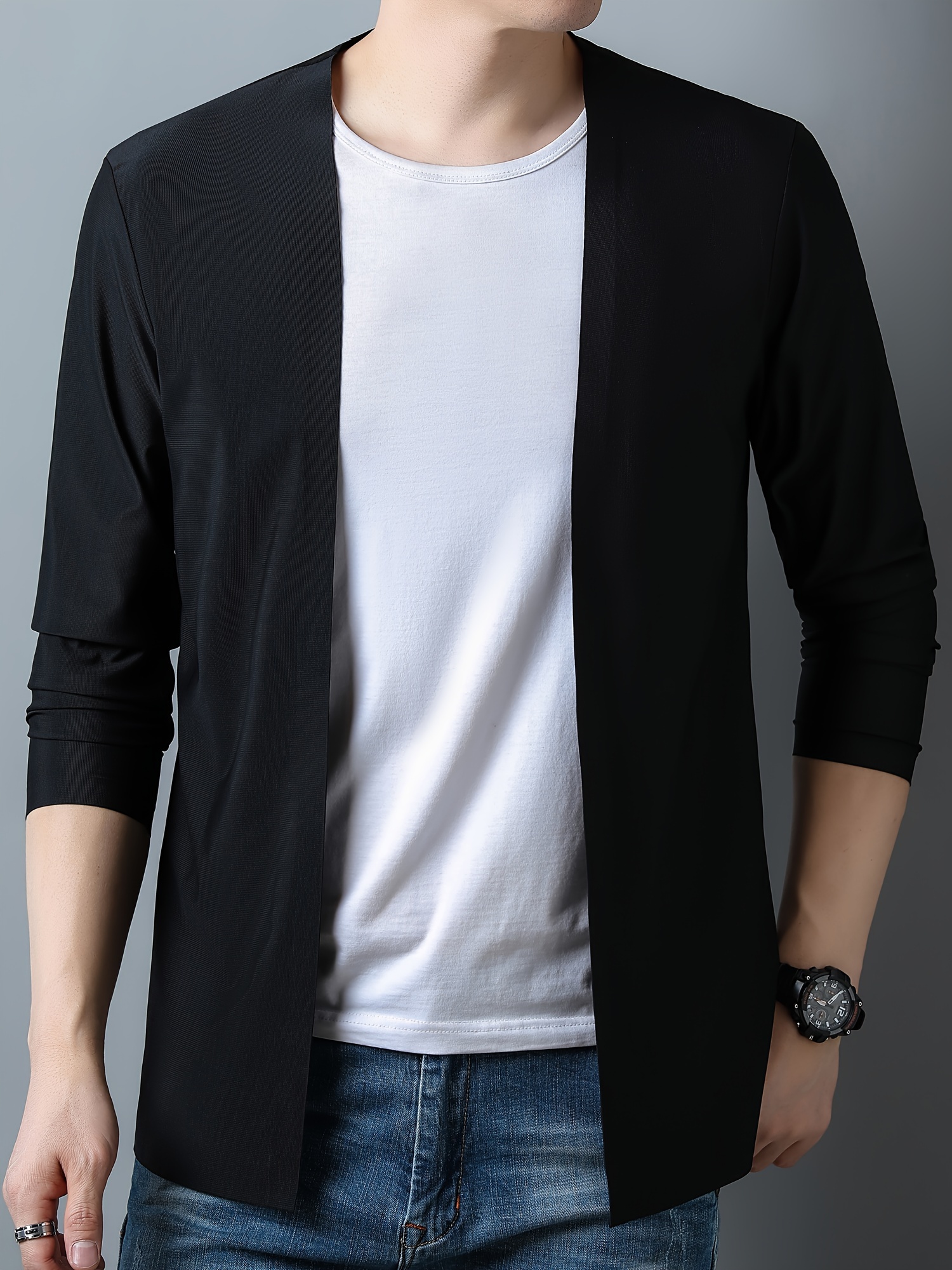 mens solid knitted cardigan casual long sleeve high stretch open front sweater for outdoor activities details 2