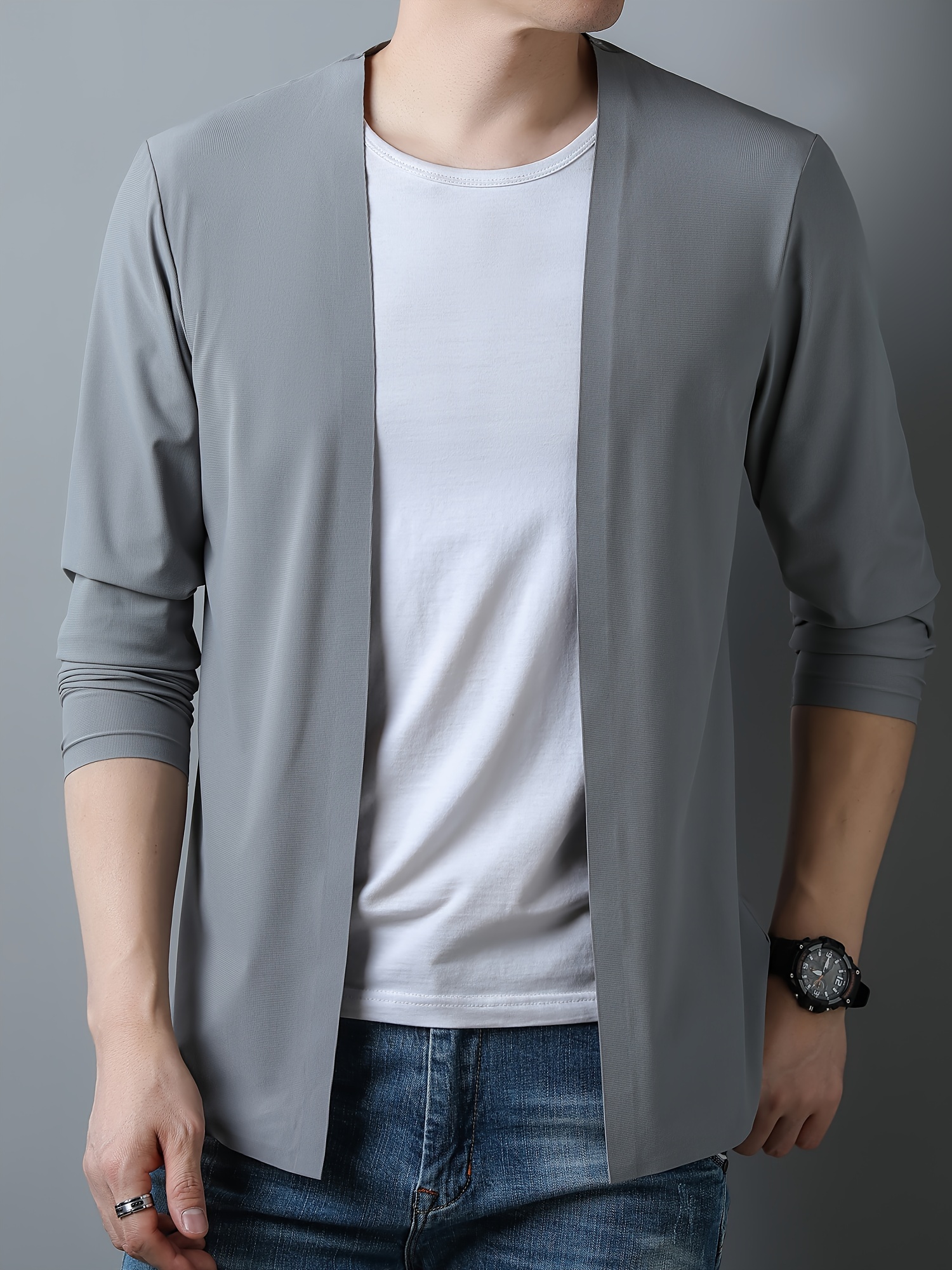 mens solid knitted cardigan casual long sleeve high stretch open front sweater for outdoor activities details 4